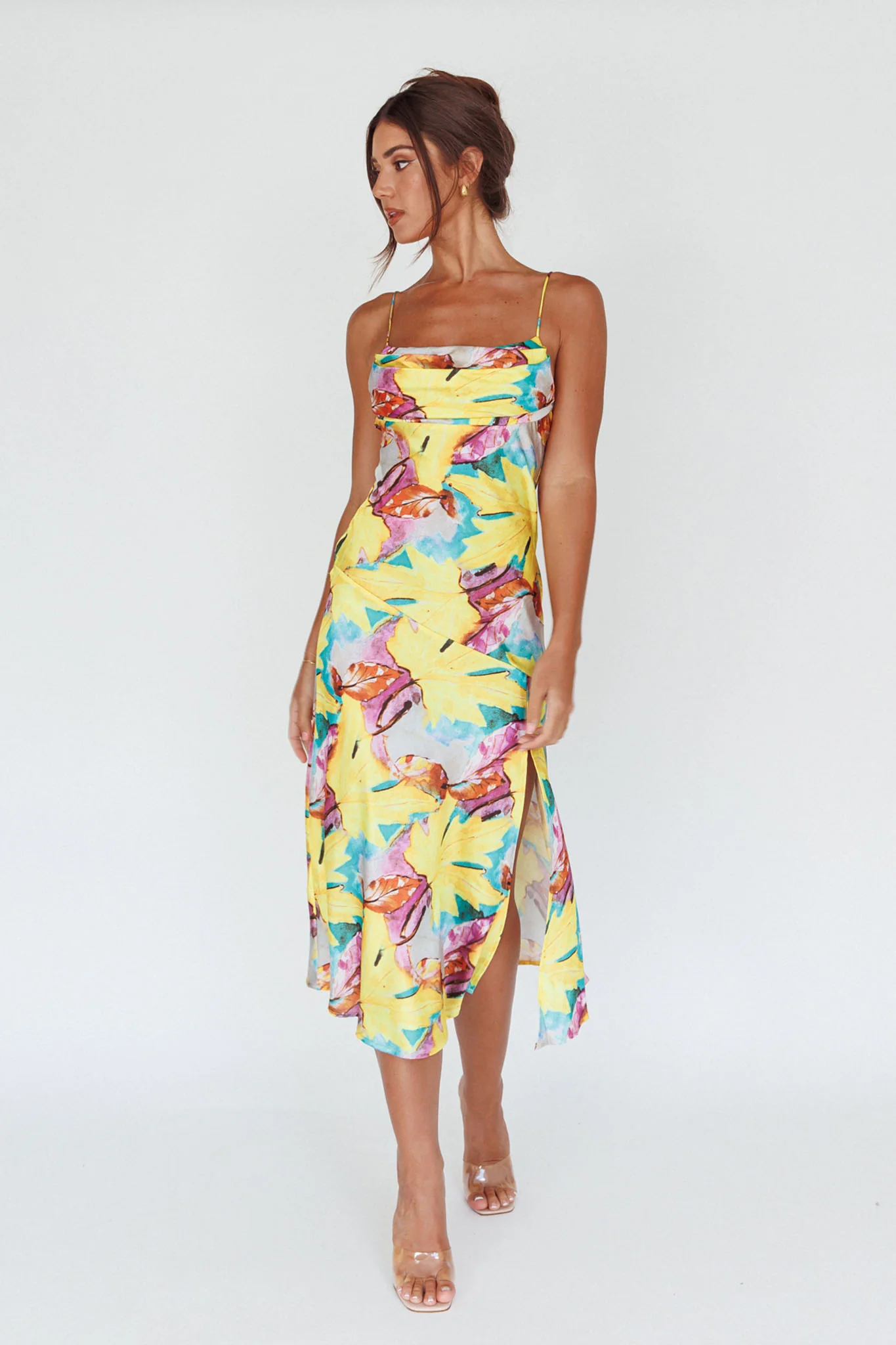 Well Versed Pleated Bust Front Split Dress Leaf Print Yellow - Image 5