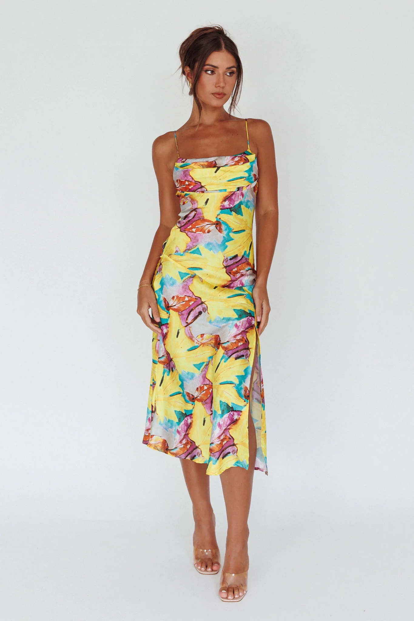 Well Versed Pleated Bust Front Split Dress Leaf Print Yellow - Image 6