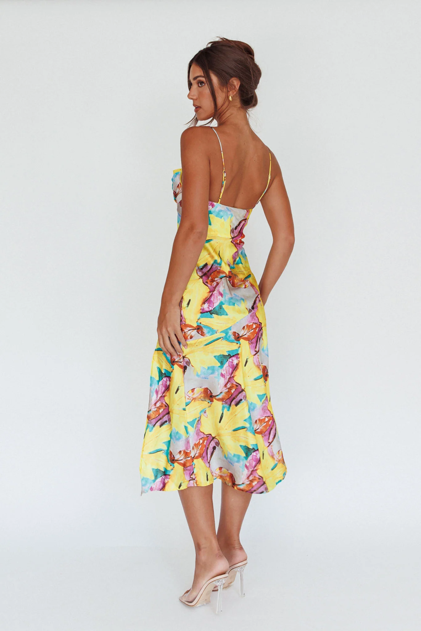 Well Versed Pleated Bust Front Split Dress Leaf Print Yellow - Image 7