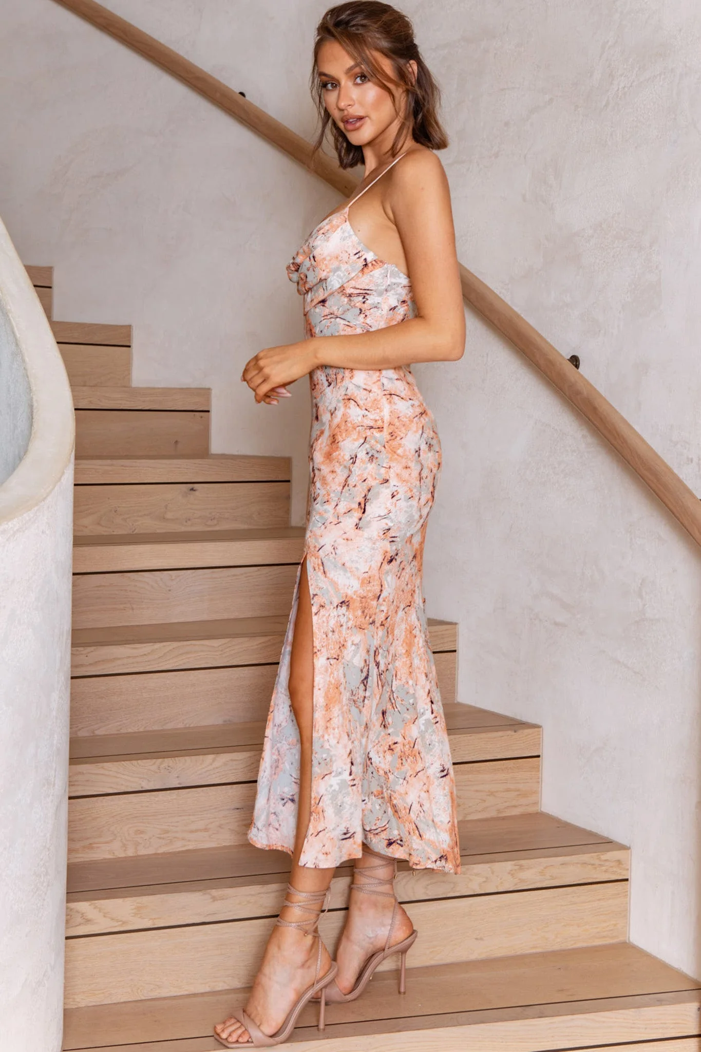 Well Versed Pleated Bust Front Split Dress Marble Print Orange - Image 5
