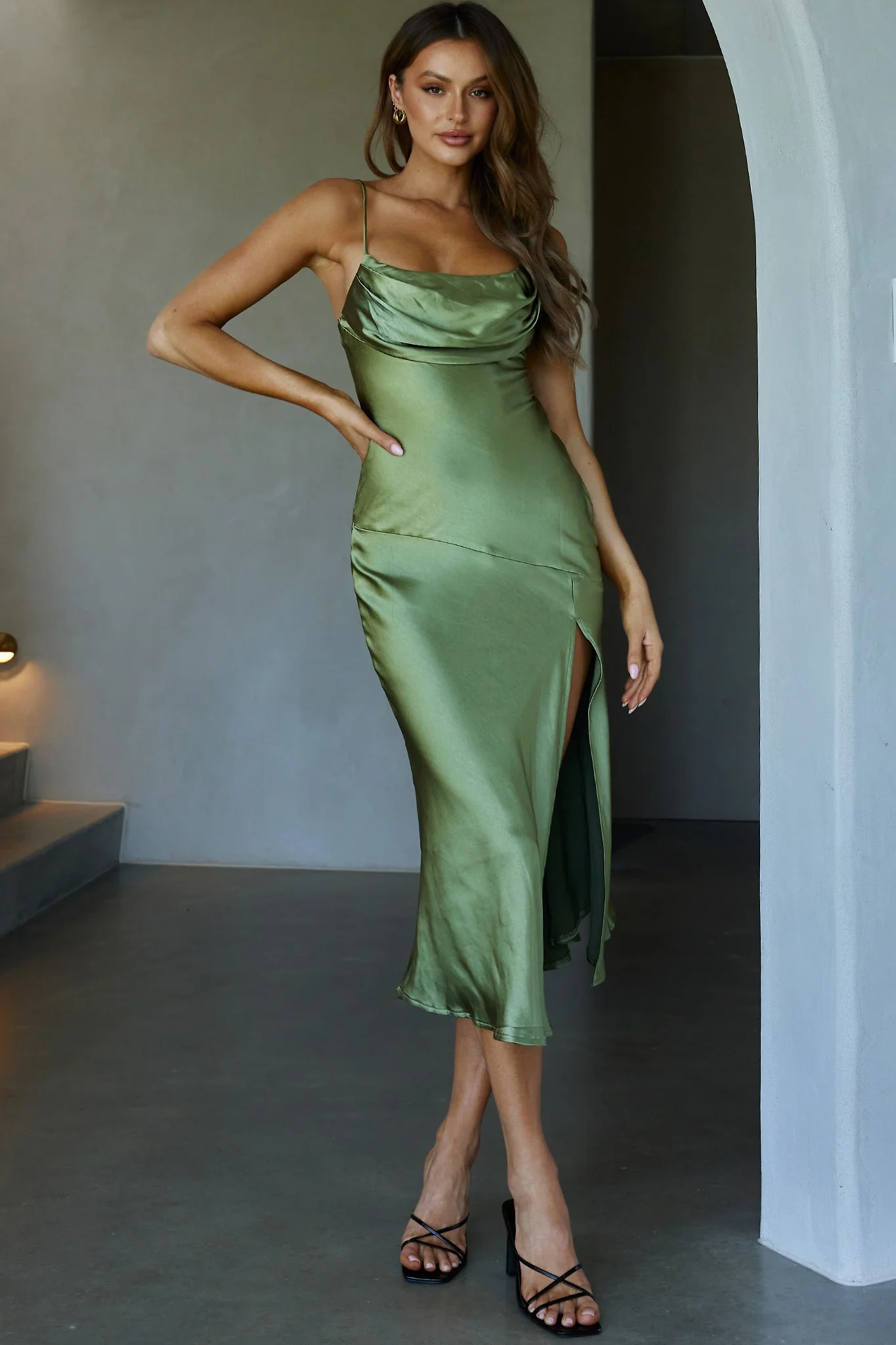 Well Versed Pleated Bust Front Split Dress Olive - Image 8