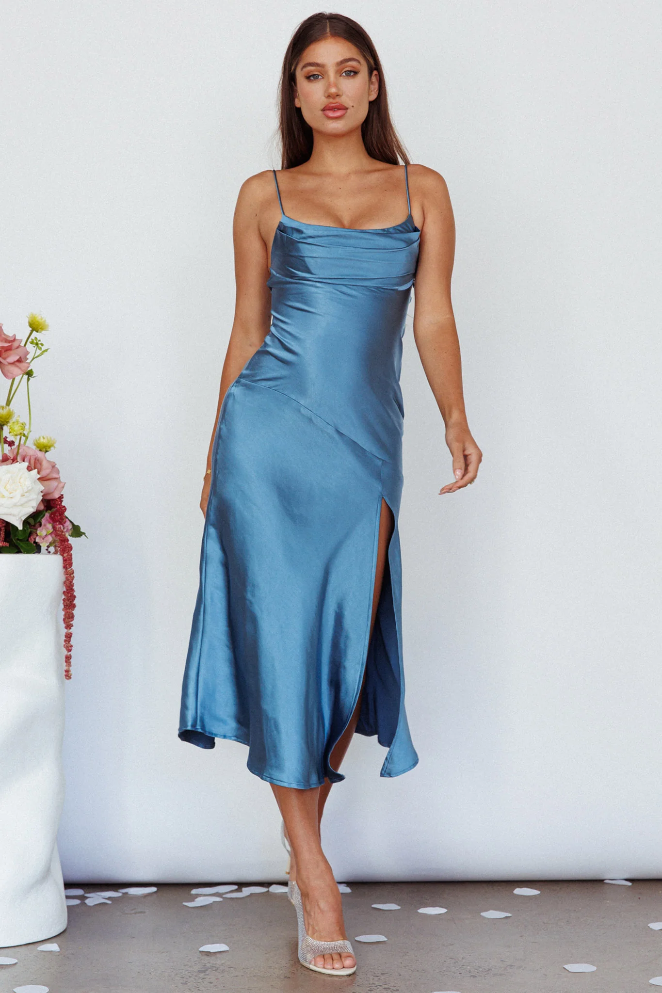 Well Versed Pleated Bust Front Split Dress Satin Midnight Blue - Image 3