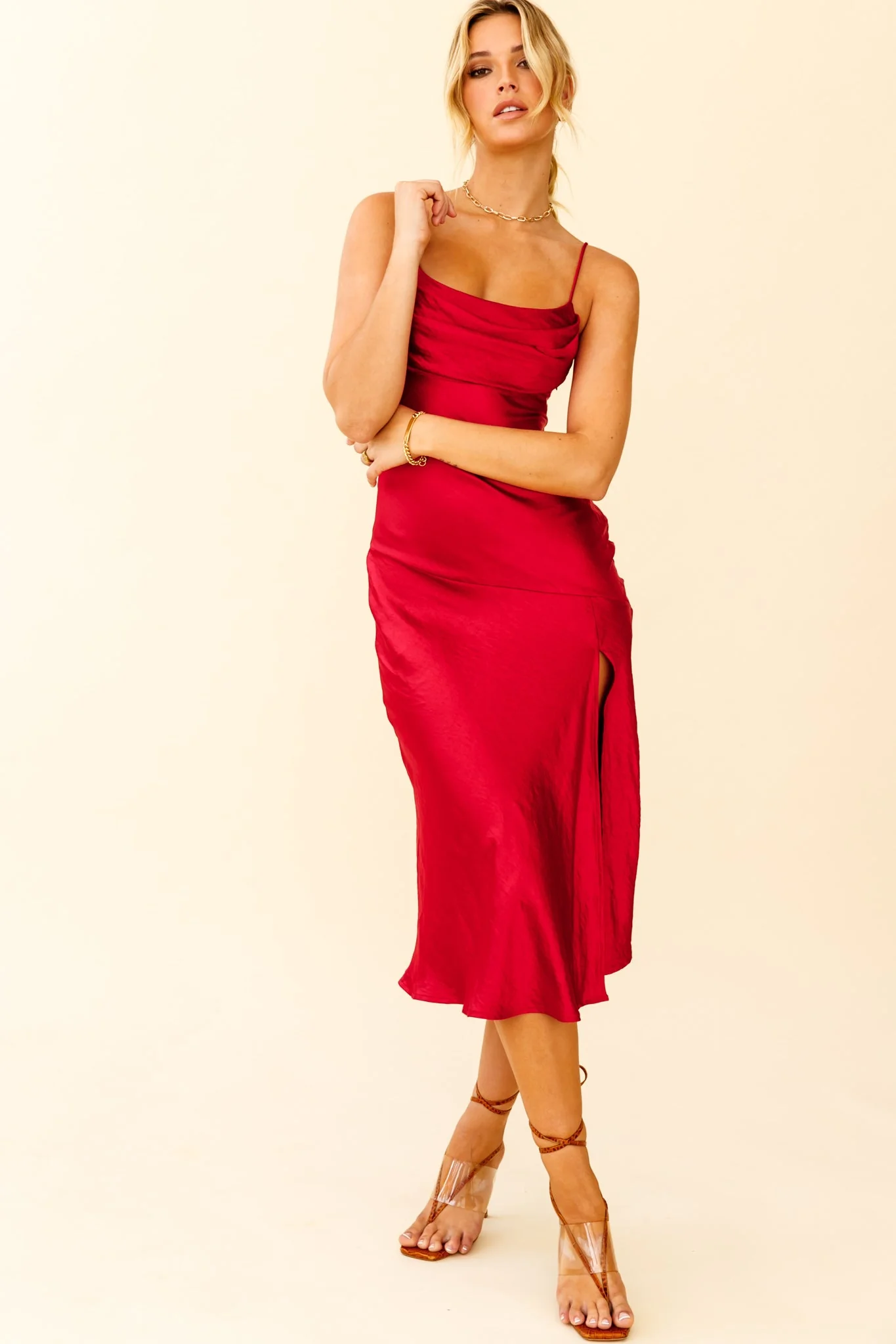 Well Versed Pleated Bust Front Split Dress Wine - Image 3