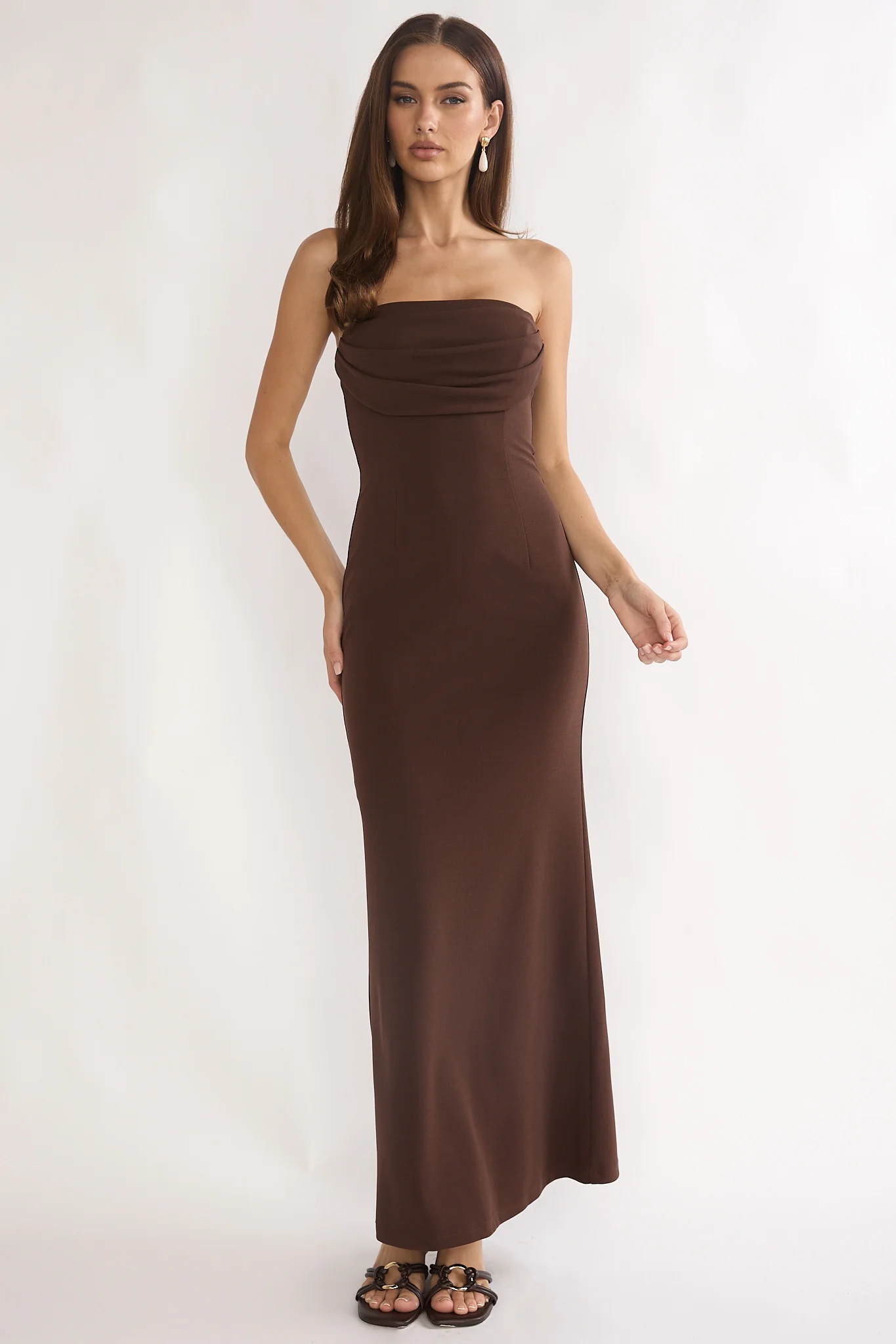 Well Versed Strapless Pleat Bust Maxi Dress Chocolate - Image 4