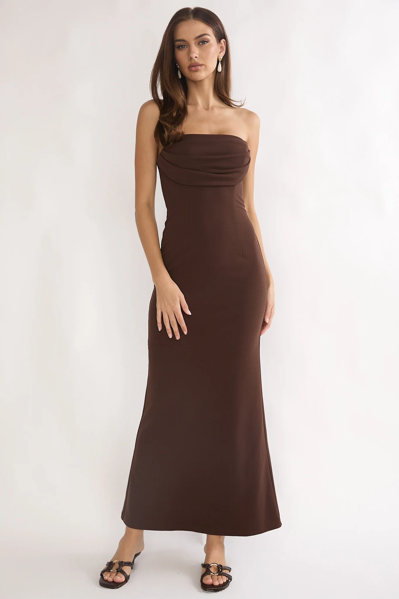 Well Versed Strapless Pleat Bust Maxi Dress Chocolate - Image 5