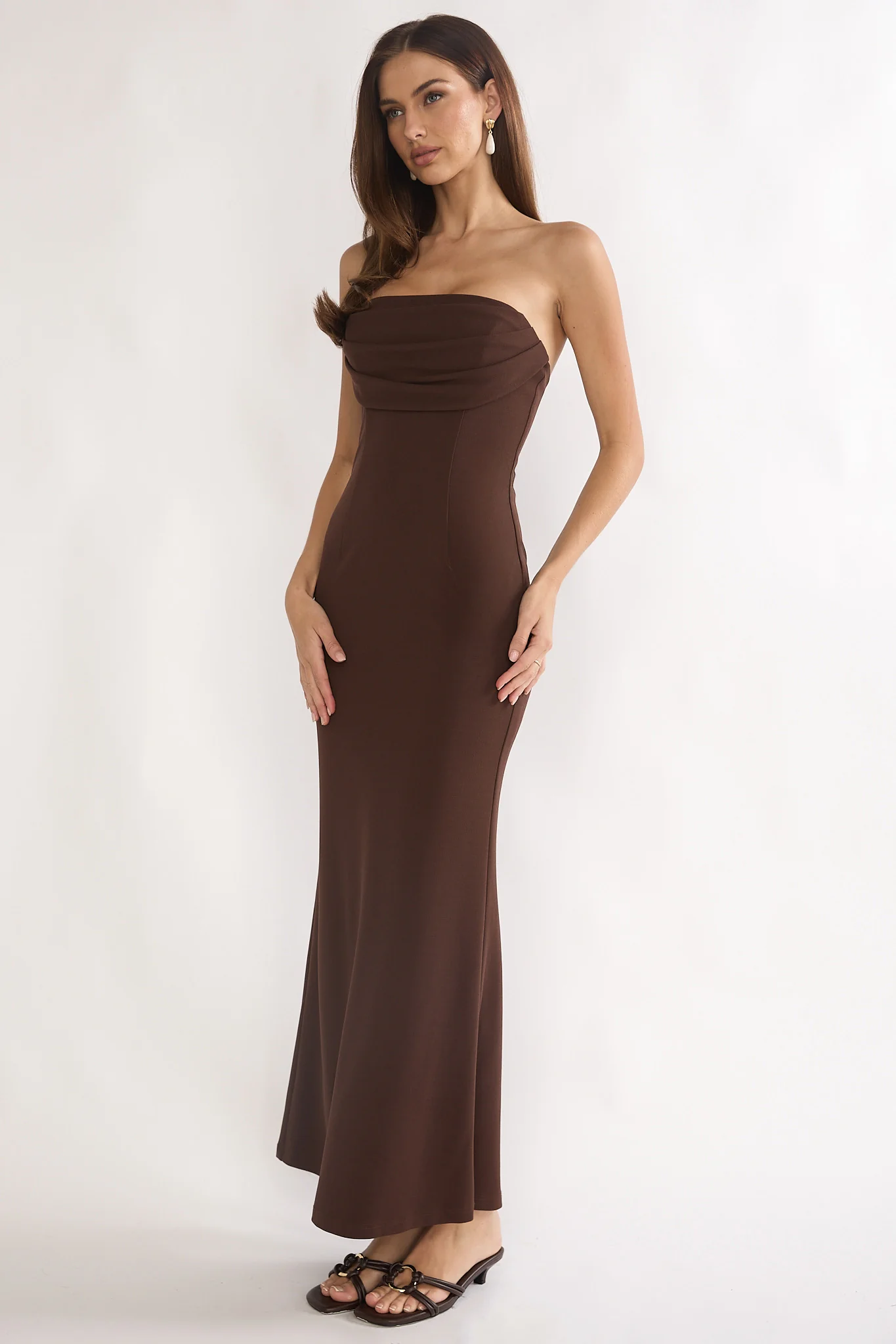 Well Versed Strapless Pleat Bust Maxi Dress Chocolate - Image 6