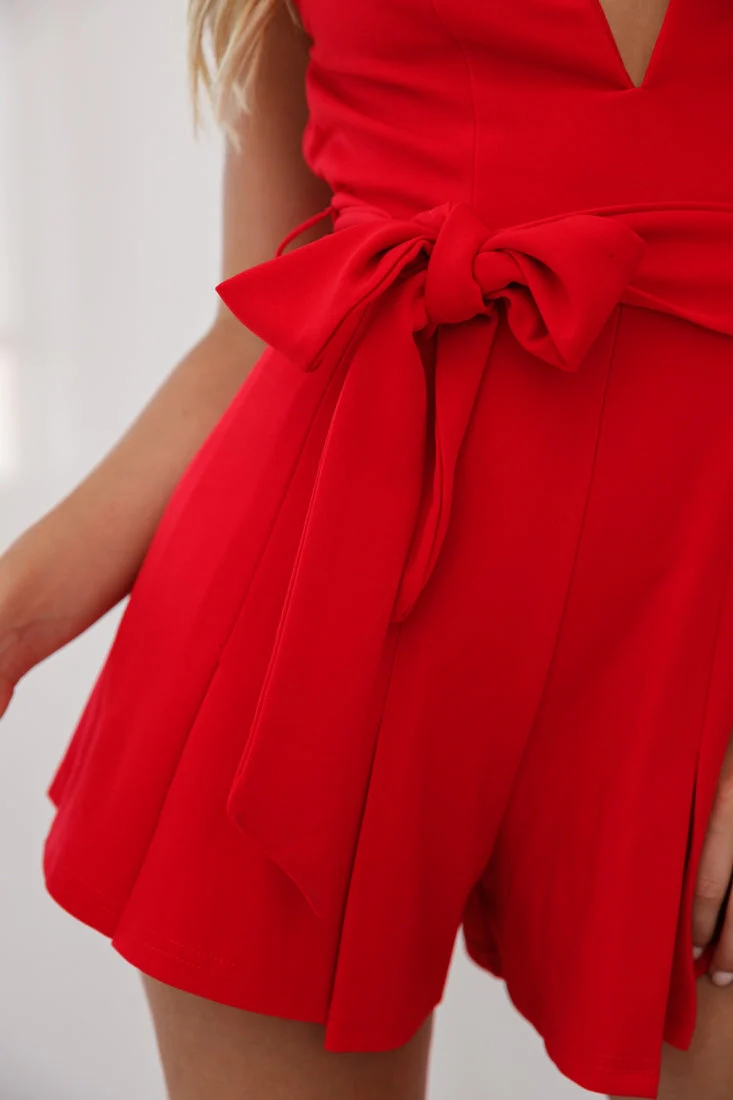 Wembley Spaghetti Strap Pleated Romper Red - Image 4