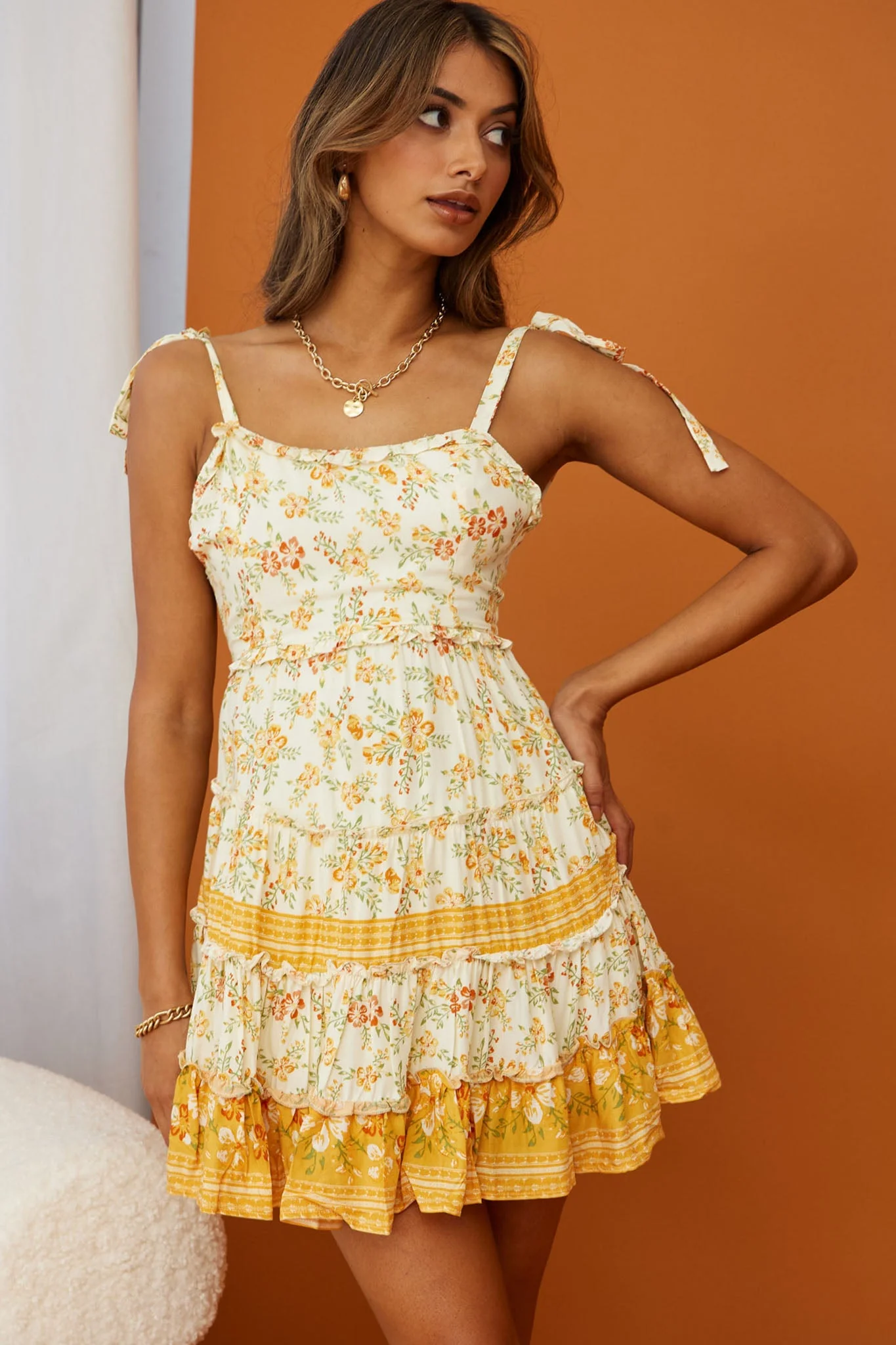 West Coast Frill Trim Tied Shoulders Dress Floral Print Beige Multi - Image 8