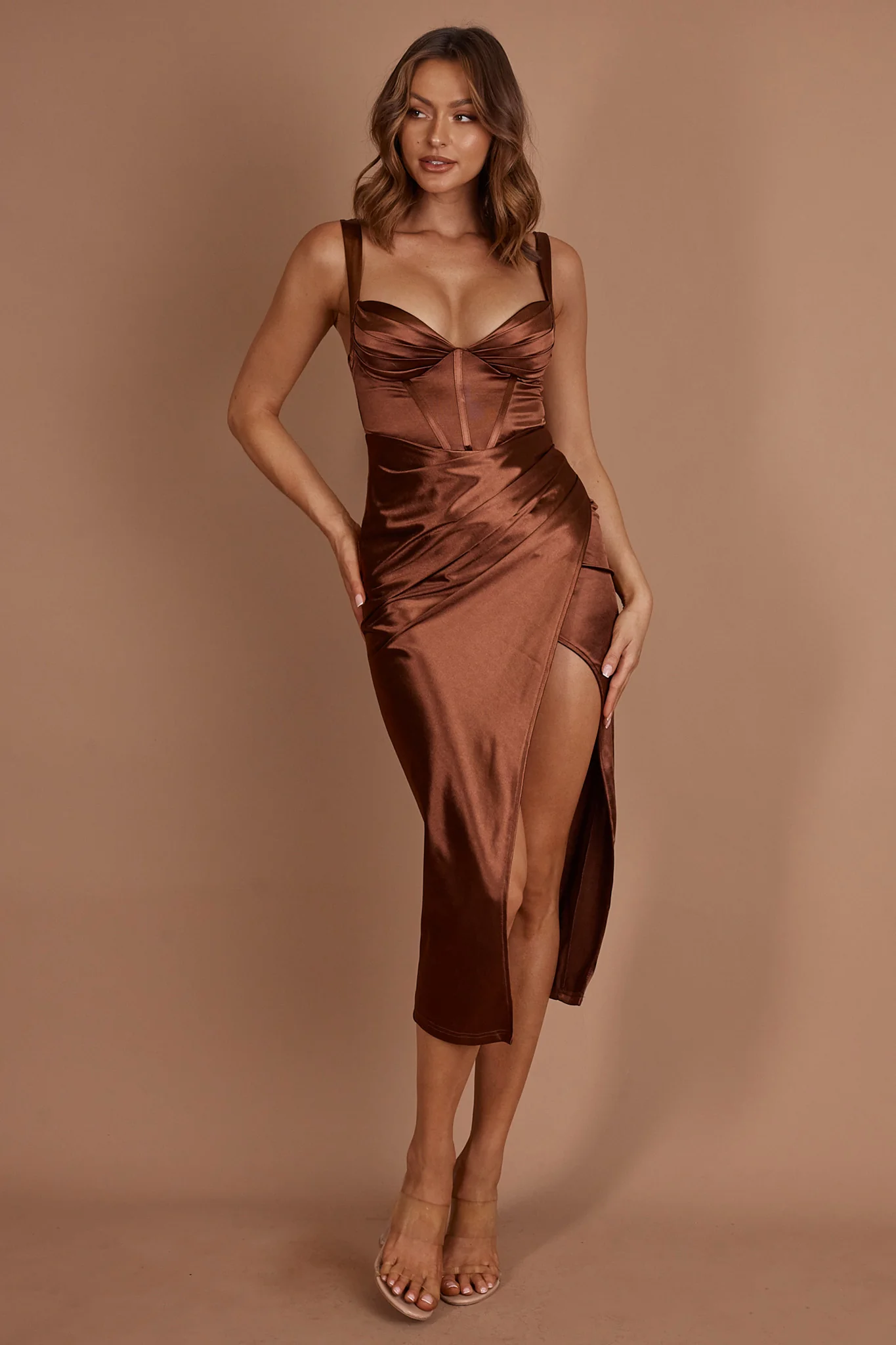 Whimsy Pleated Bust Midi Dress Chocolate