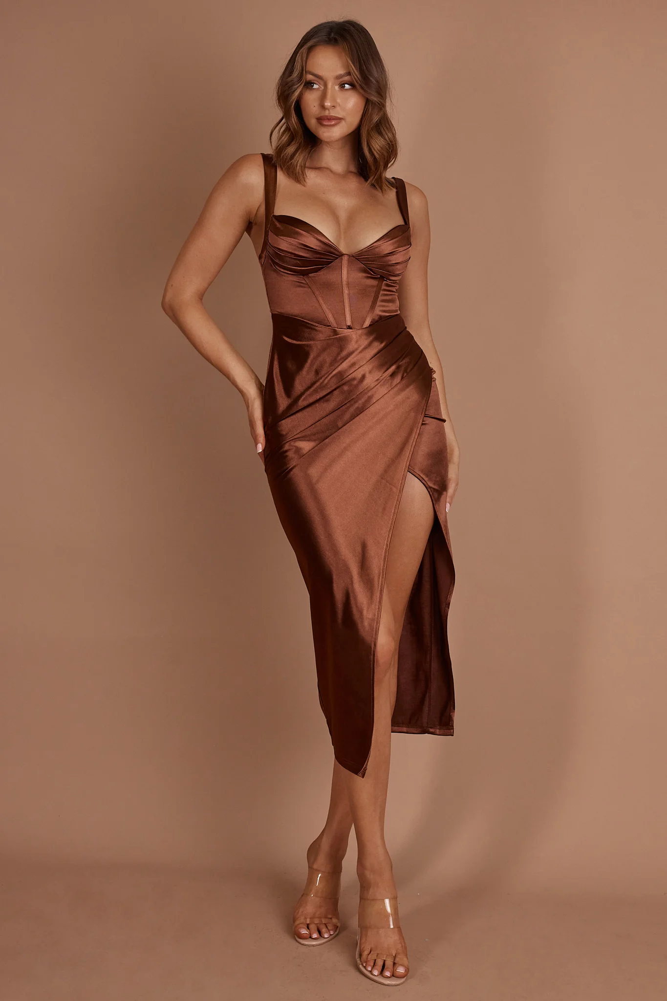 Whimsy Pleated Bust Midi Dress Chocolate - Image 8