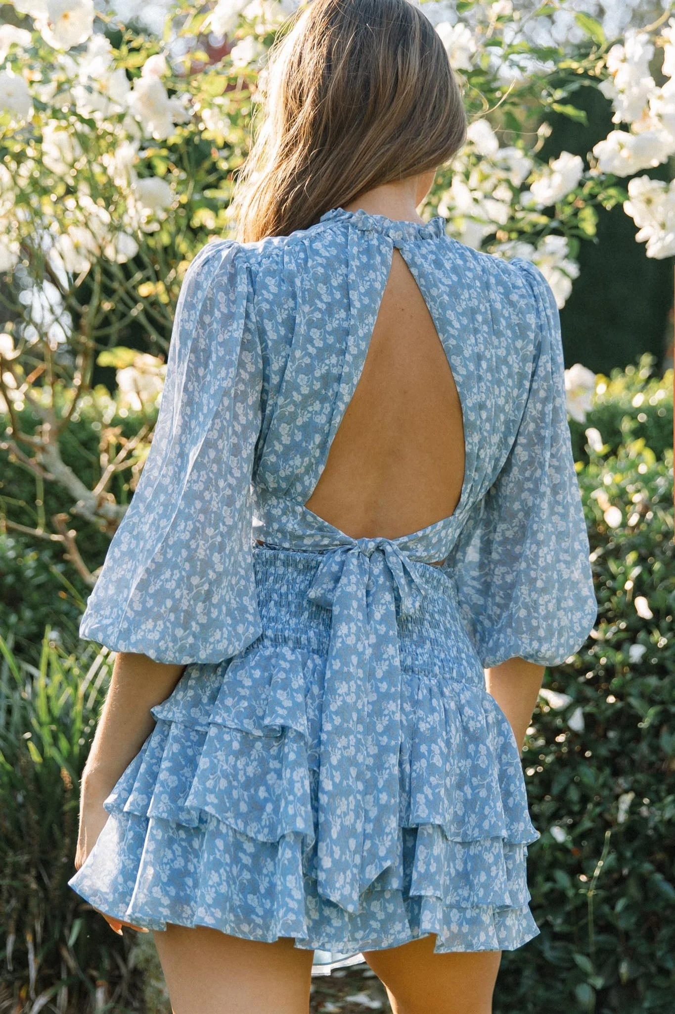 Whisked Away Shirred Waist Layered Mini Skirt Floral Print Blue - Image 3