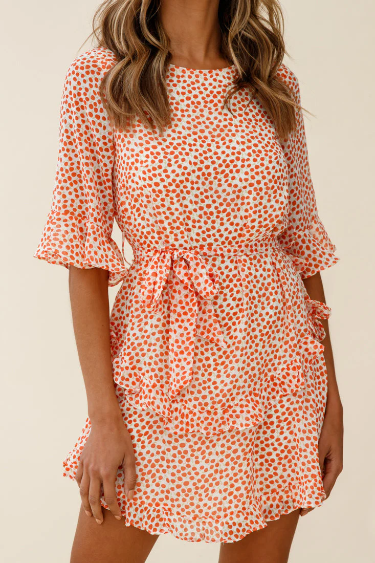 Wife Me Crew Neck Ruffle Insert Dress Polka Dot Orange - Image 4