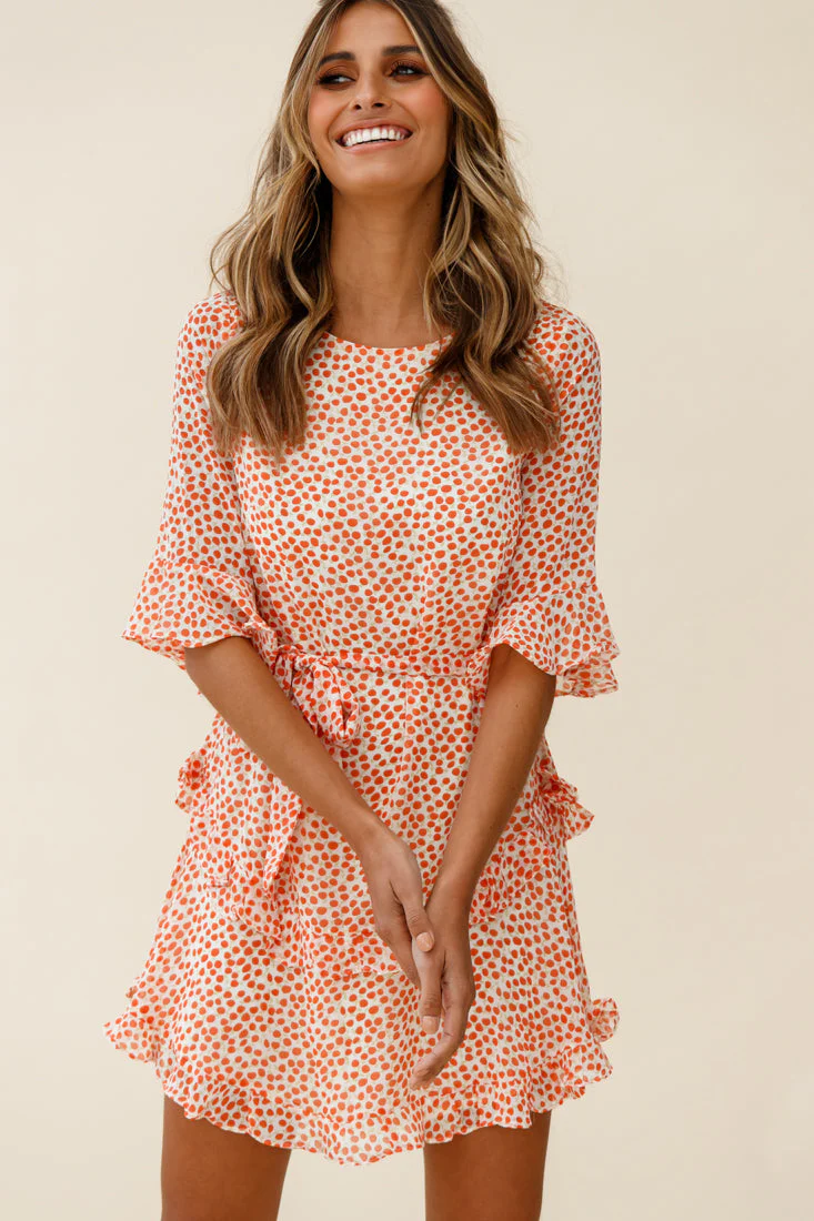 Wife Me Crew Neck Ruffle Insert Dress Polka Dot Orange - Image 6