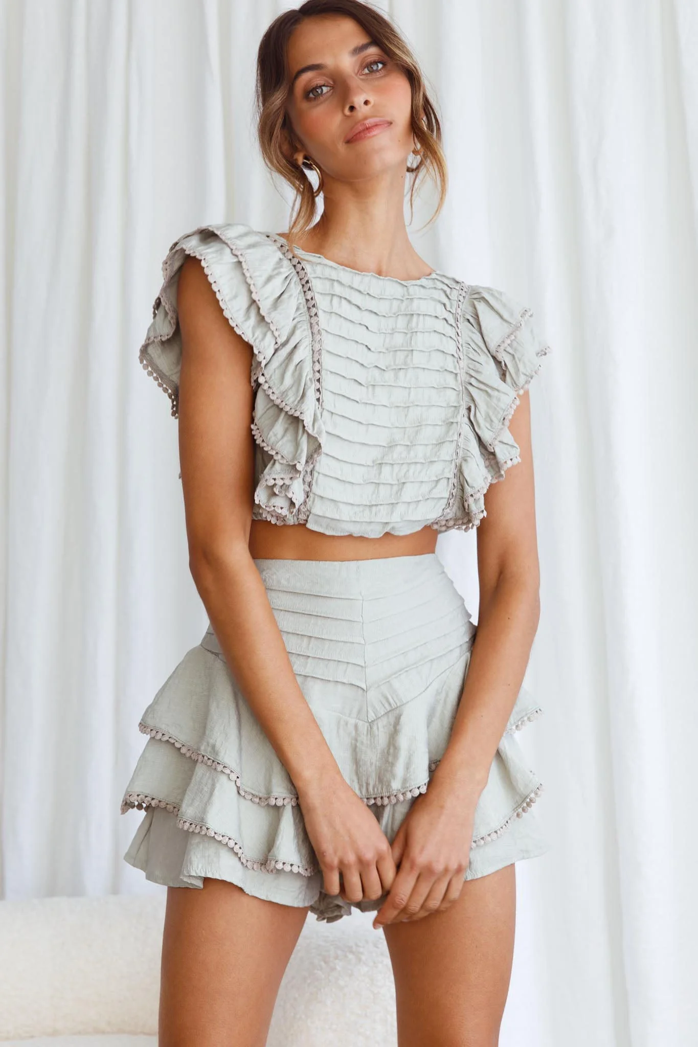 Wild And Free Pintuck Pleat And Ruffle Crop Top Pistachio - Image 6