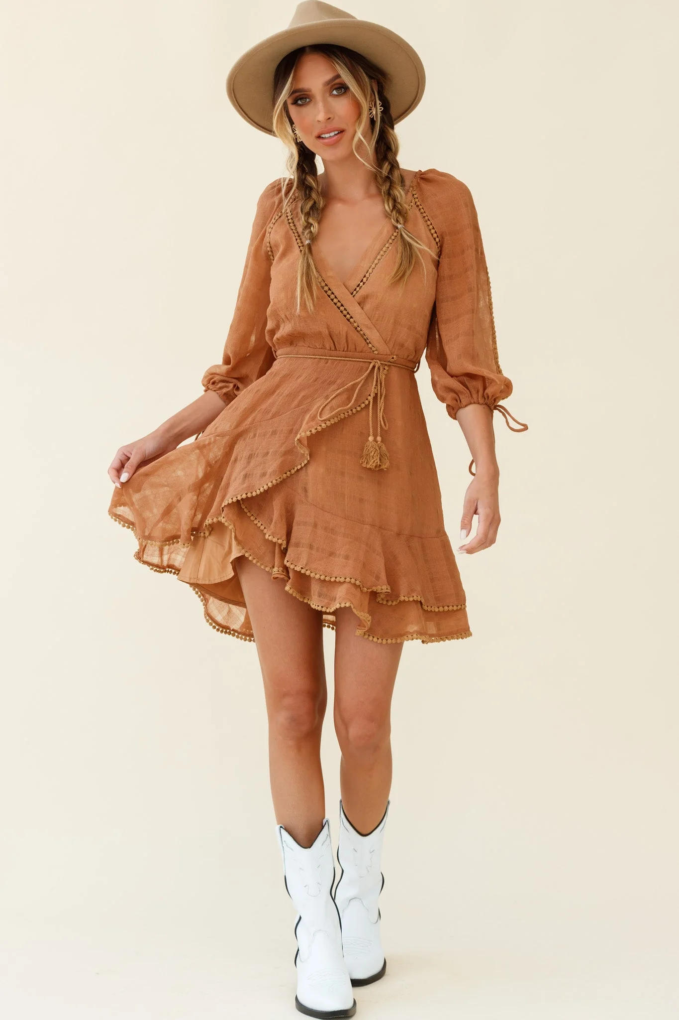 Wilde Balloon Sleeve Crochet Trim Dress Tan - Image 2