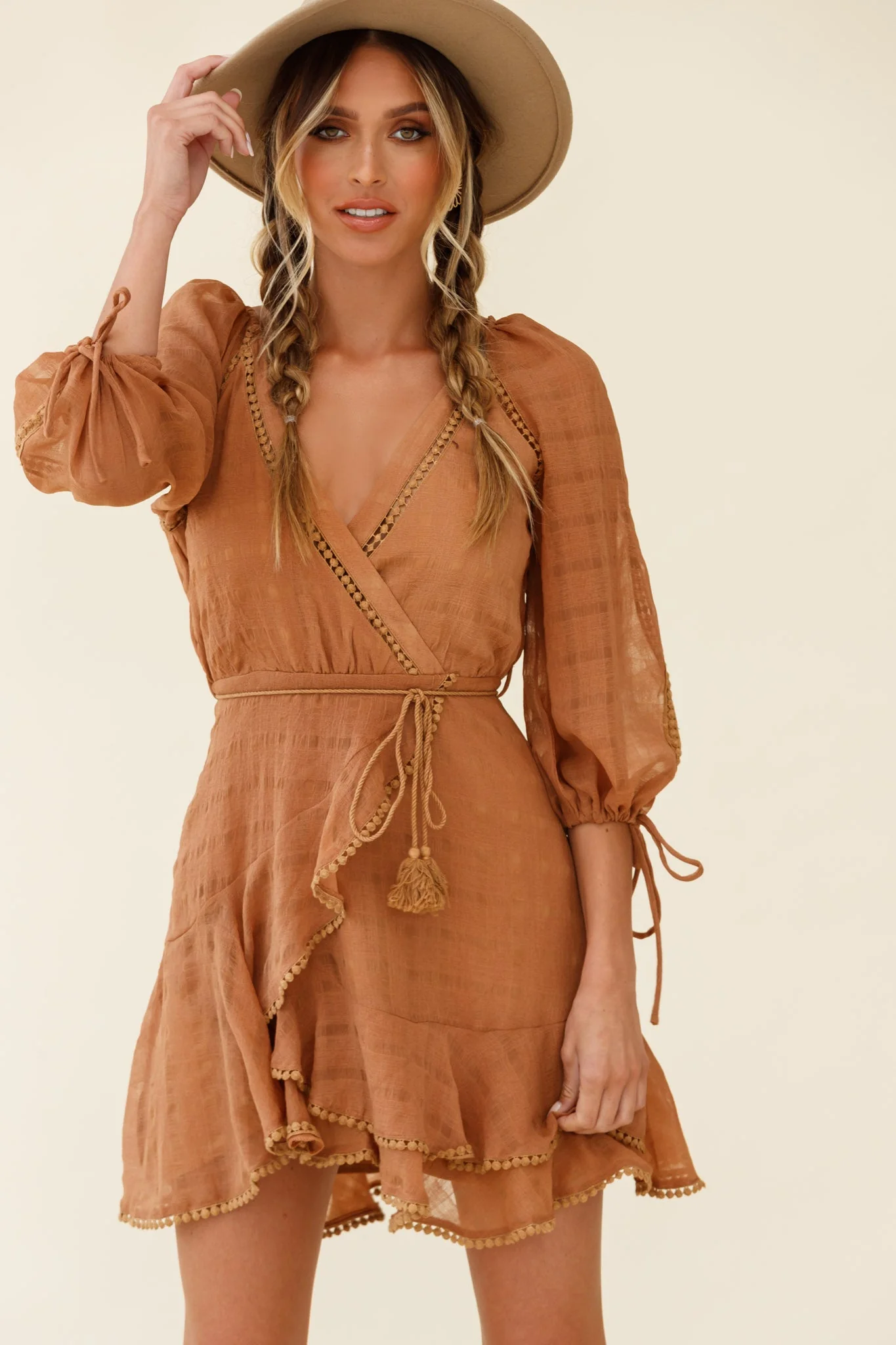 Wilde Balloon Sleeve Crochet Trim Dress Tan - Image 5