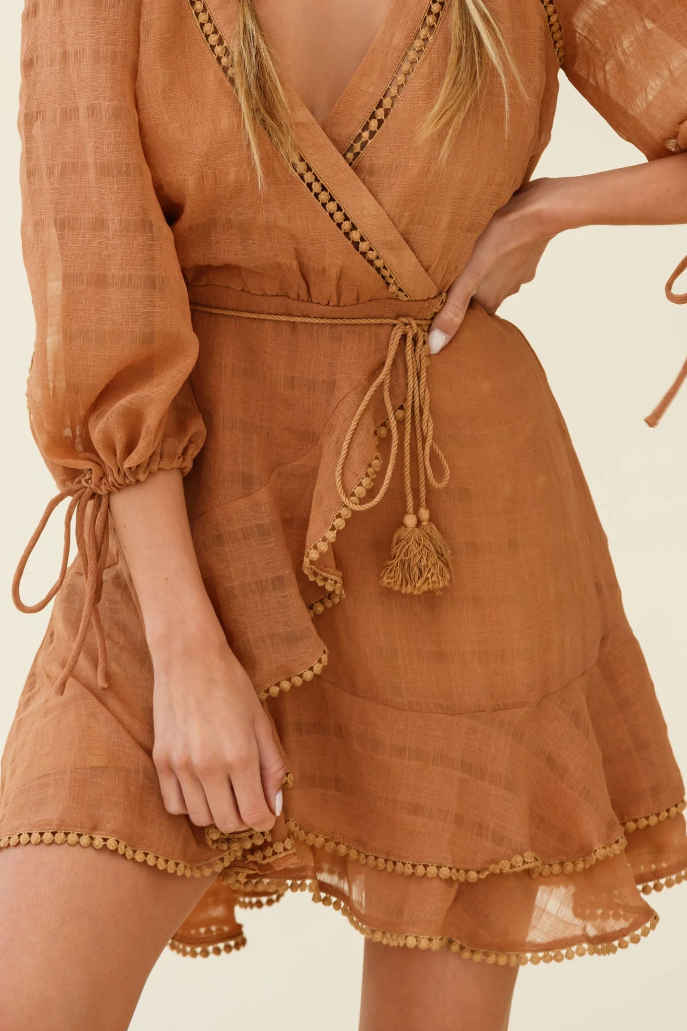 Wilde Balloon Sleeve Crochet Trim Dress Tan - Image 6