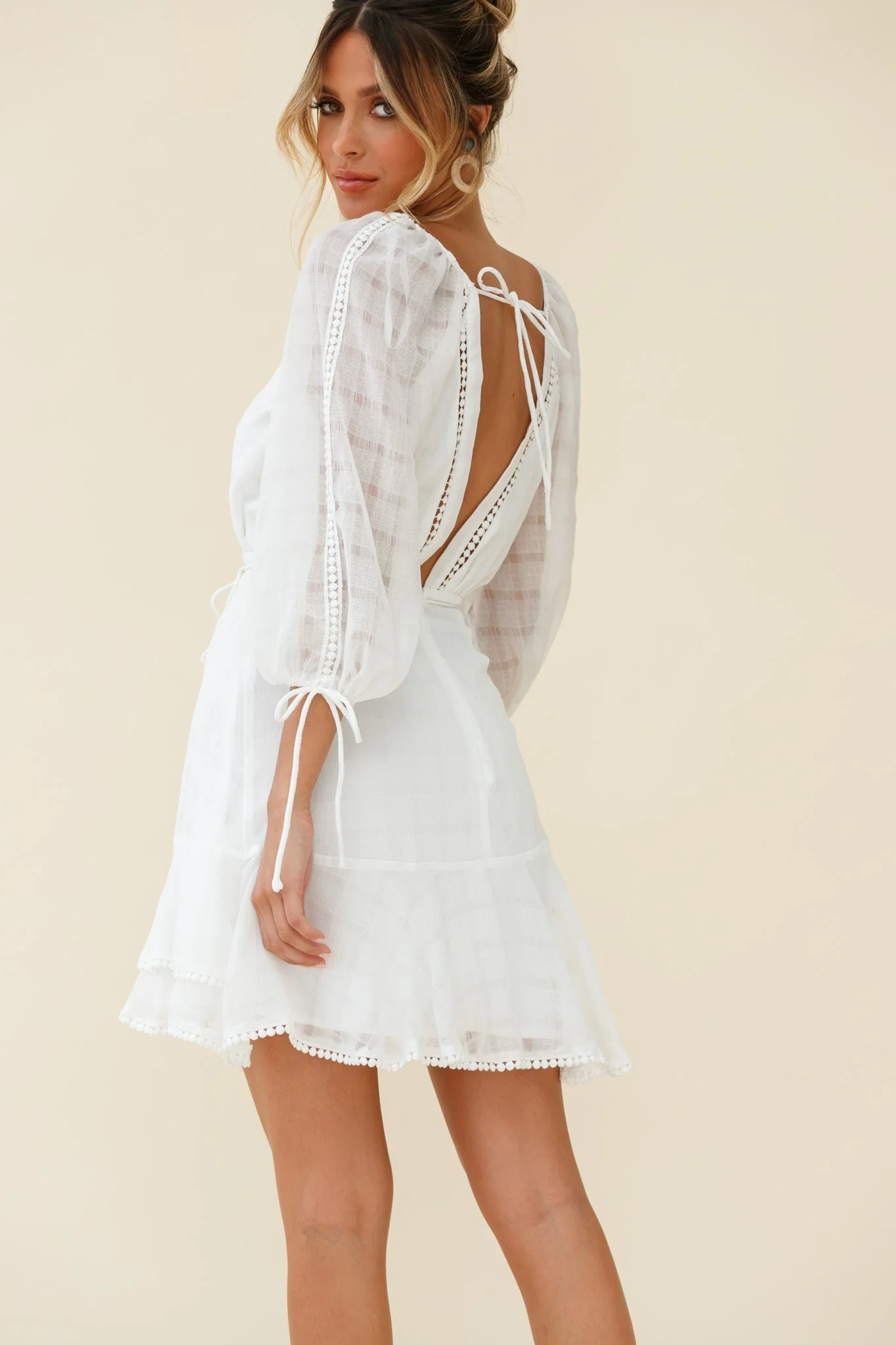 Wilde Balloon Sleeve Crochet Trim Dress White - Image 3
