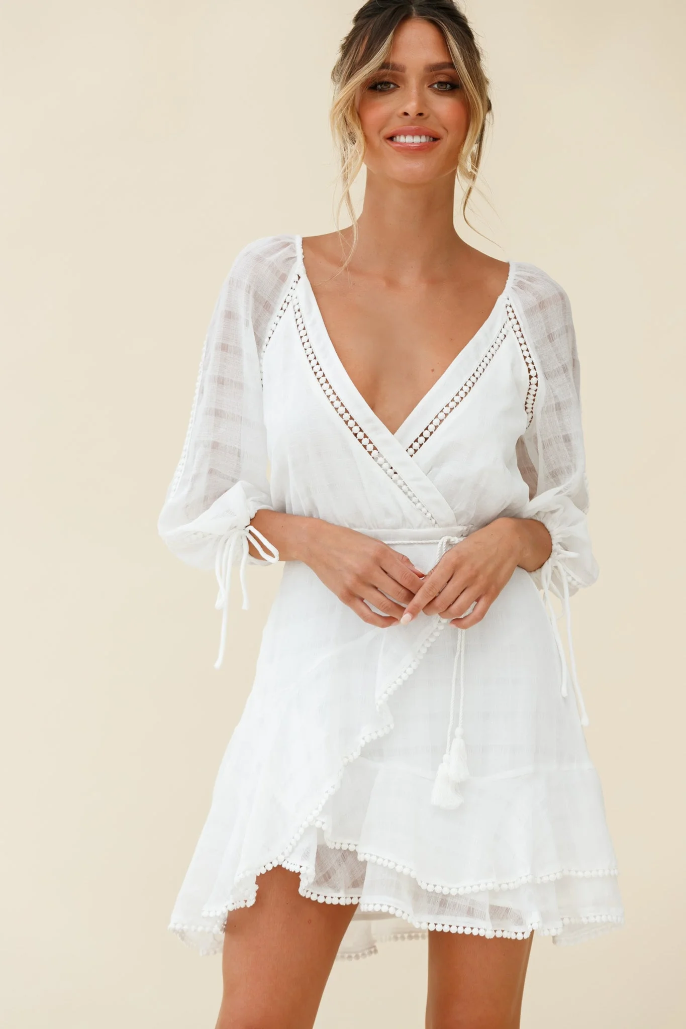 Wilde Balloon Sleeve Crochet Trim Dress White - Image 6