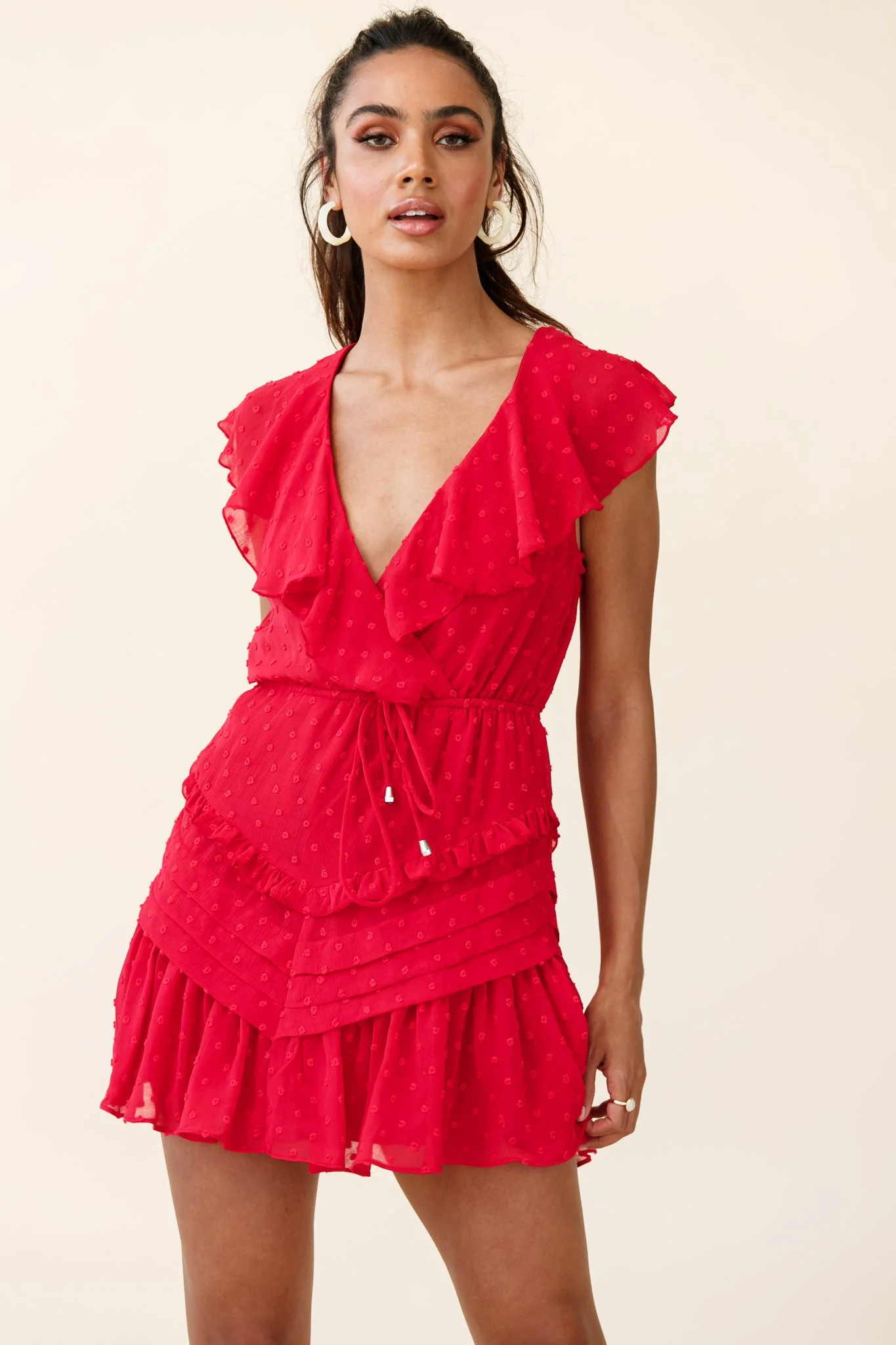 Willah Pintuck And Frill Detail Drawstring Dress Red Textured - Image 4