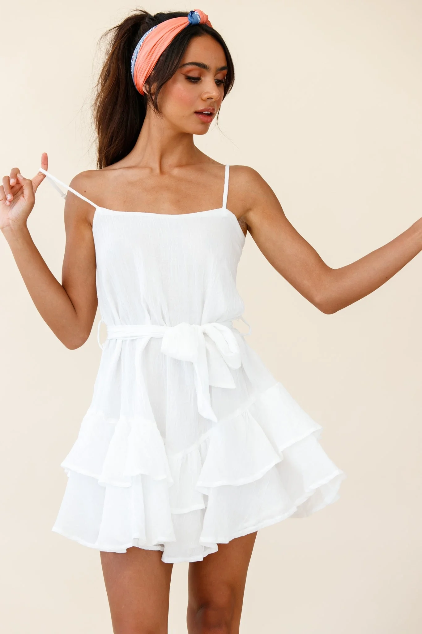 Wilshire Tiered Ruffle Hem Spaghetti Strap Dress White - Image 10