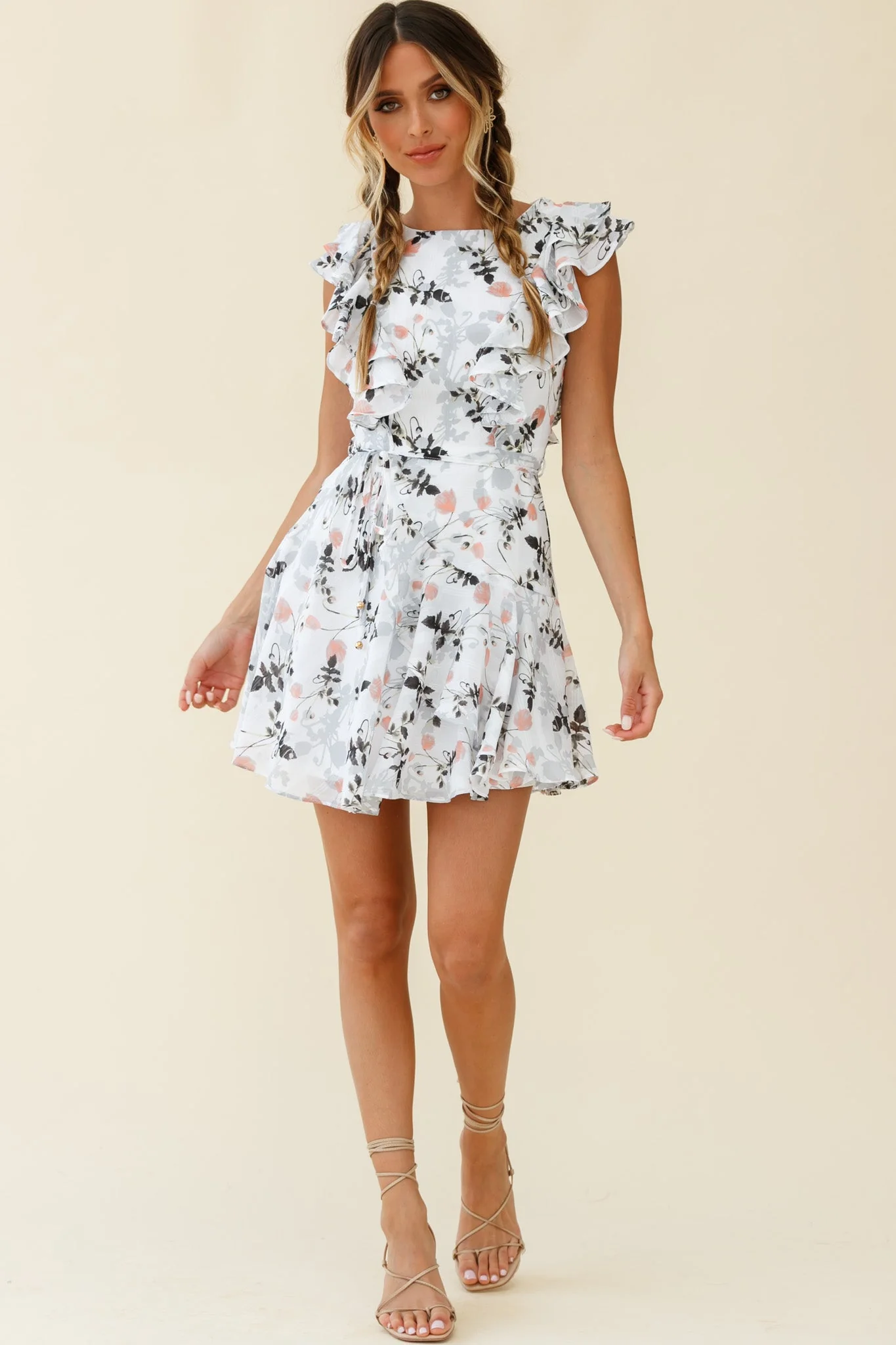Wilton Ruffle Shoulder A-Line Dress Floral Print White - Image 2