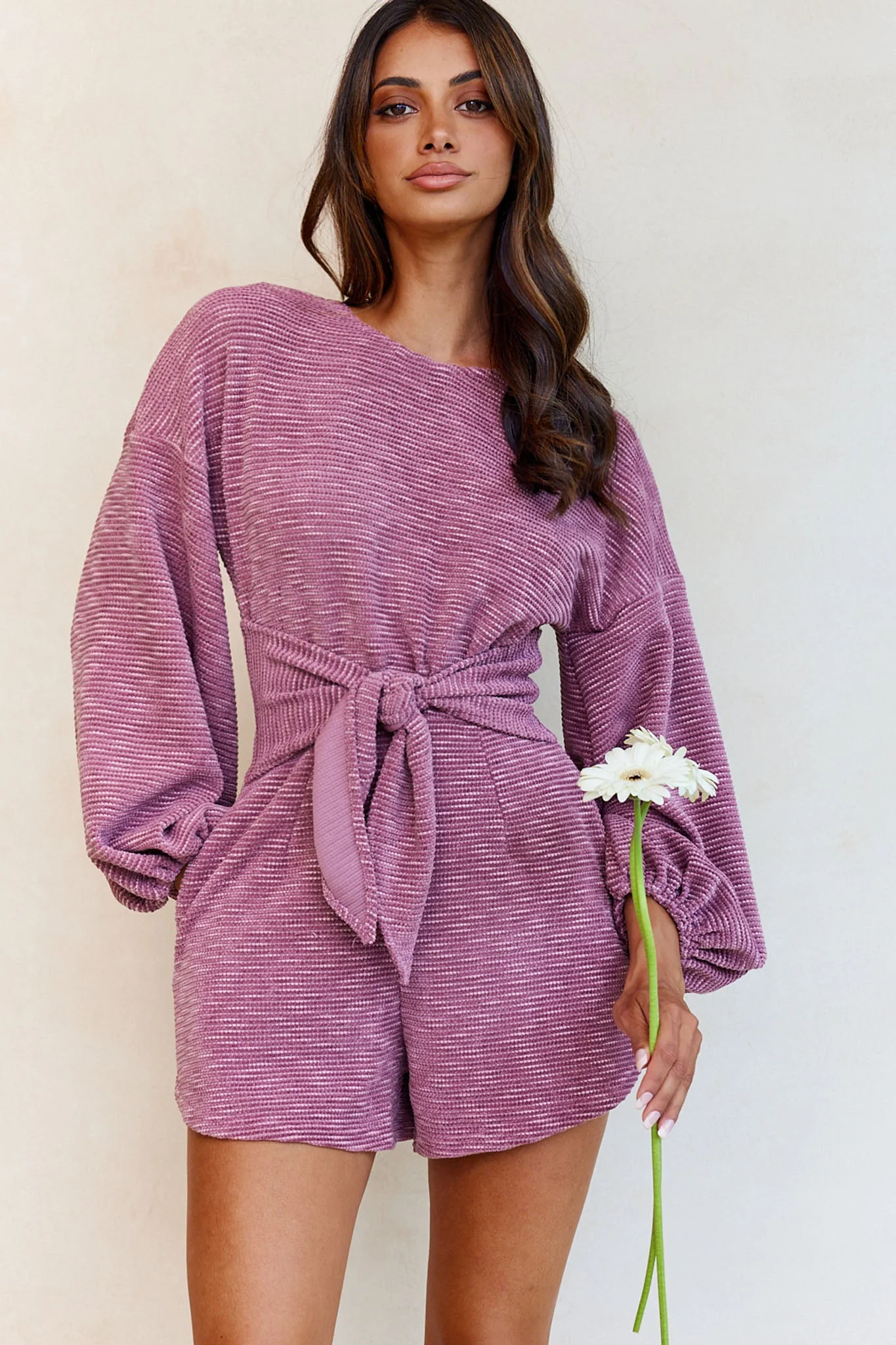 Windsor Long Balloon Sleeve Waist Tie Romper Mauve - Image 7