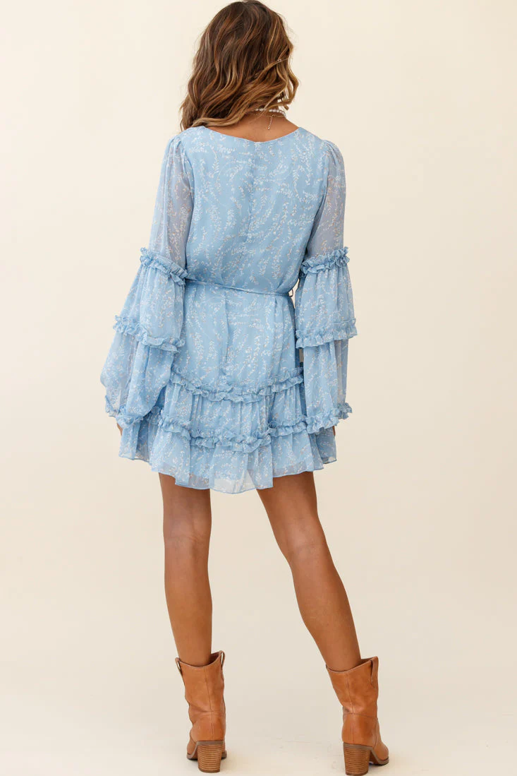 Winslet Long Sleeve Placket Bust Frill Detail Dress Floral Print Blue - Image 2