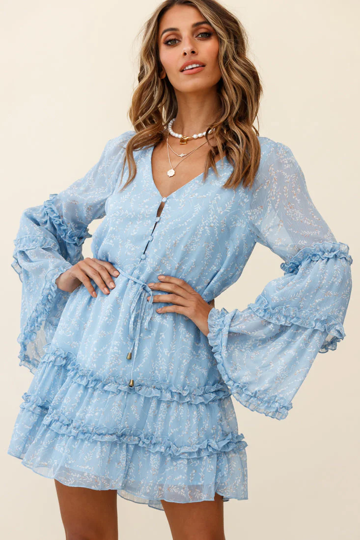 Winslet Long Sleeve Placket Bust Frill Detail Dress Floral Print Blue - Image 5