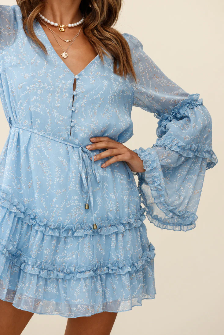Winslet Long Sleeve Placket Bust Frill Detail Dress Floral Print Blue - Image 7