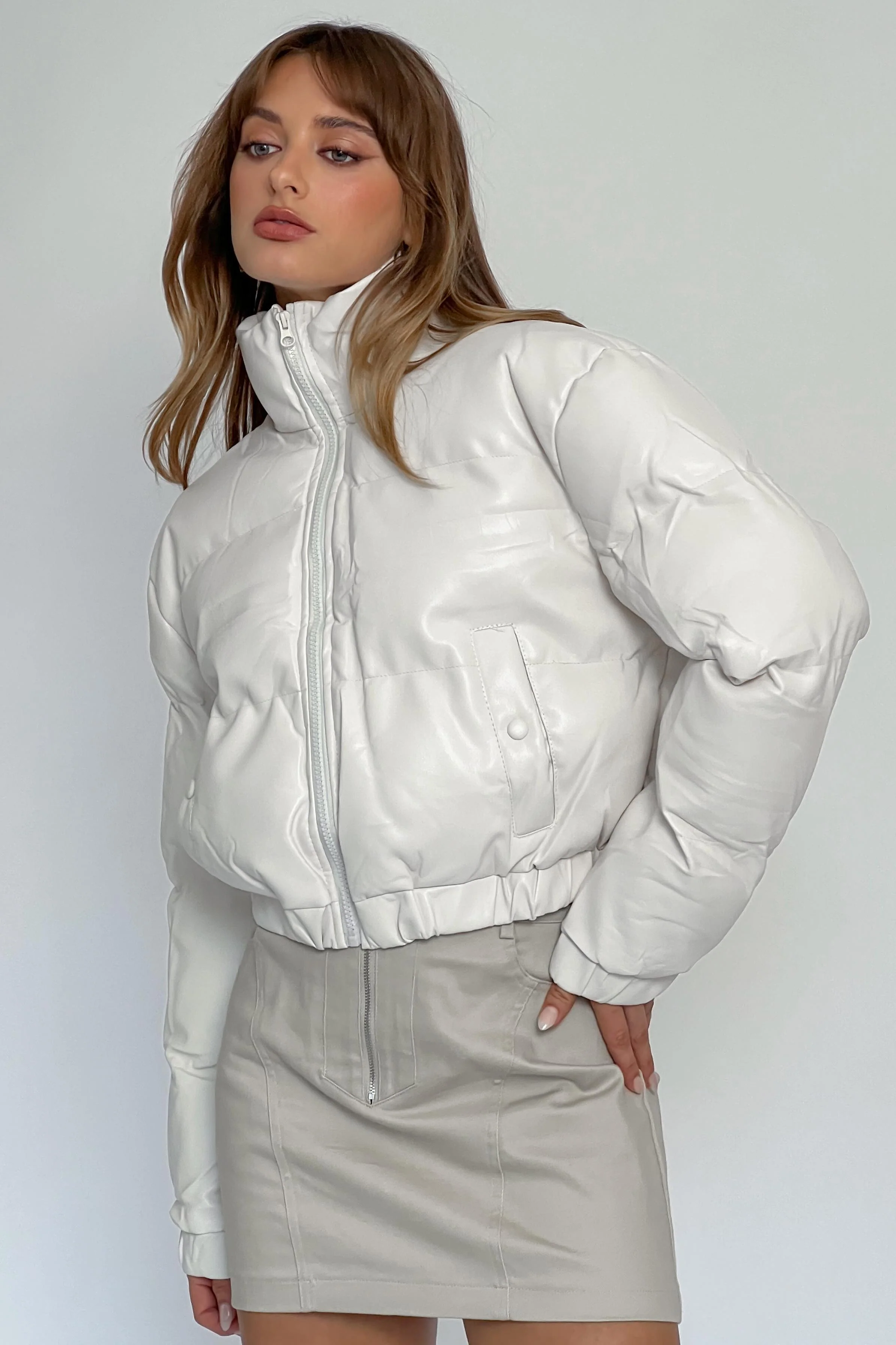 Winter Magic Faux Leather Puffer Jacket Cream - Image 2