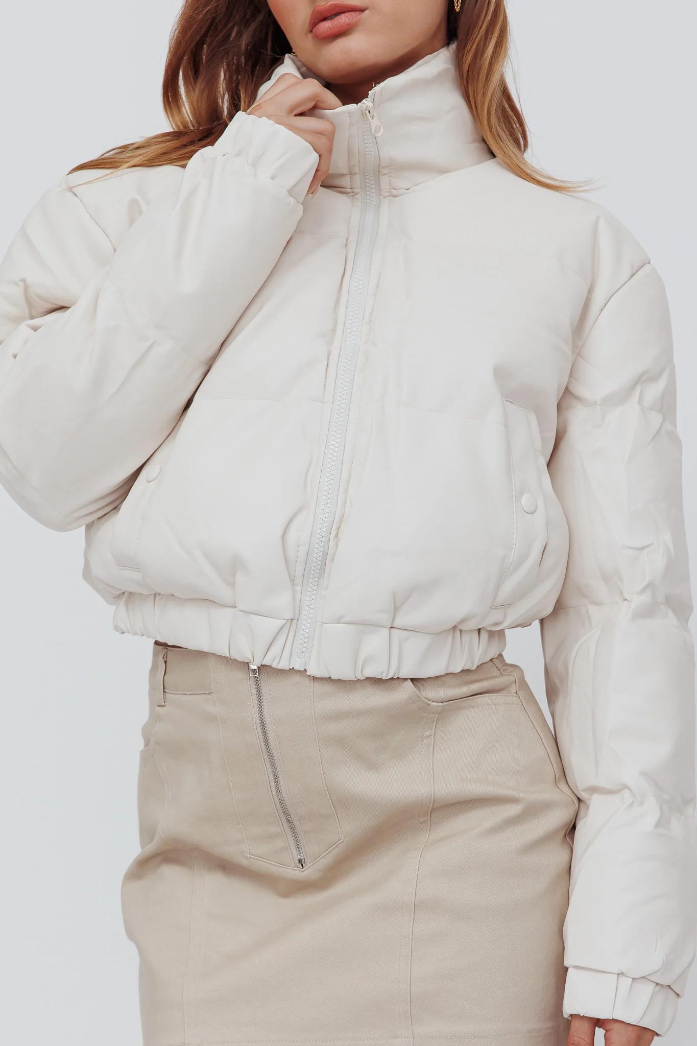 Winter Magic Faux Leather Puffer Jacket Cream - Image 4