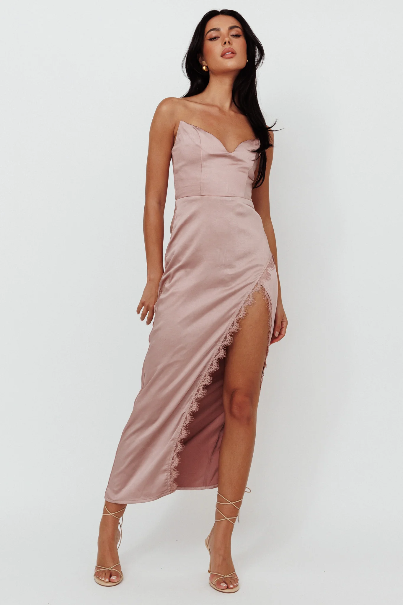 Winter Moon Strapless Lace Trim Midi Dress Dusty Pink - Image 5