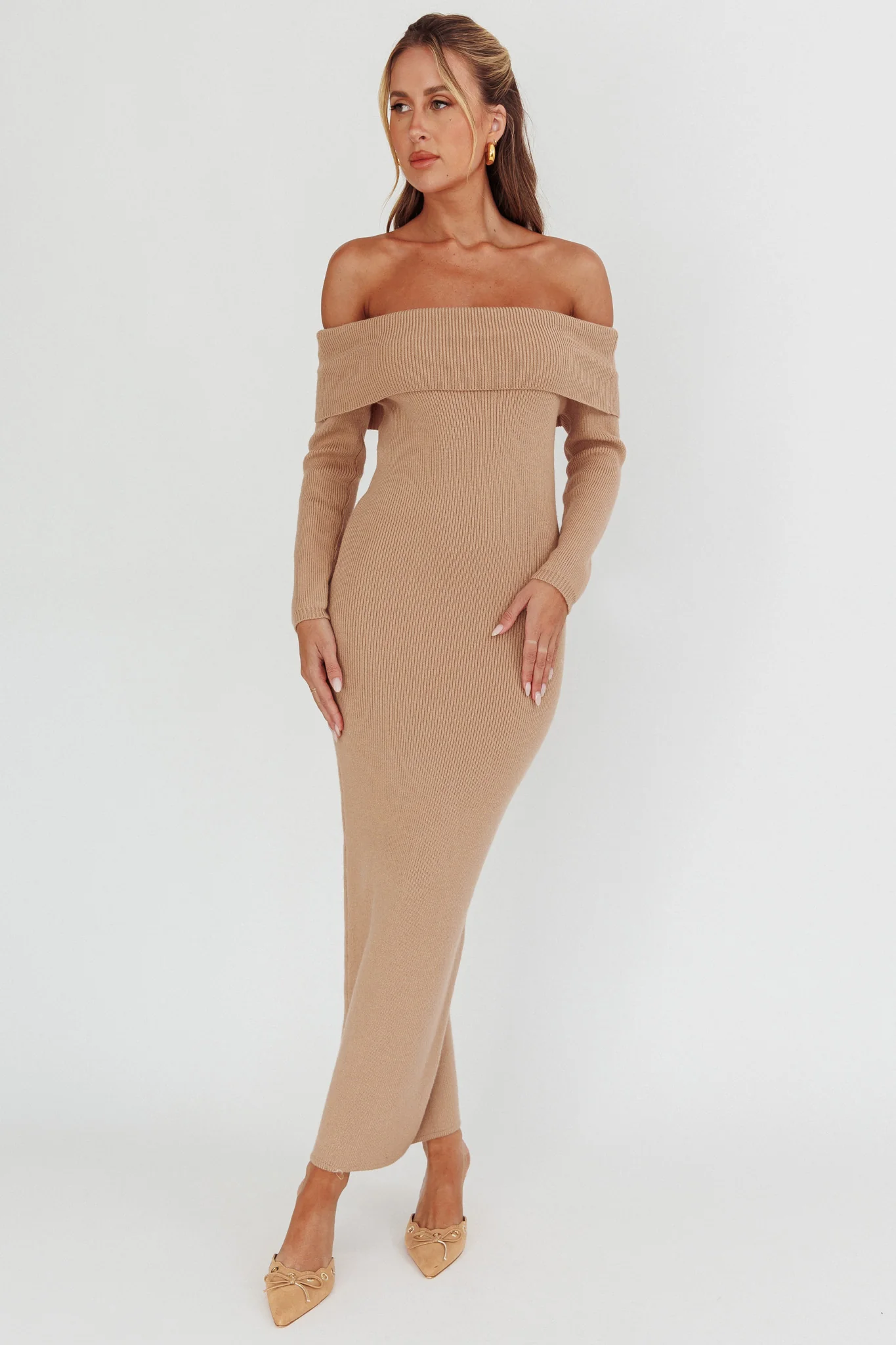 Winter Wonder Off-Shoulder Knit Maxi Dress Mocha - Image 3