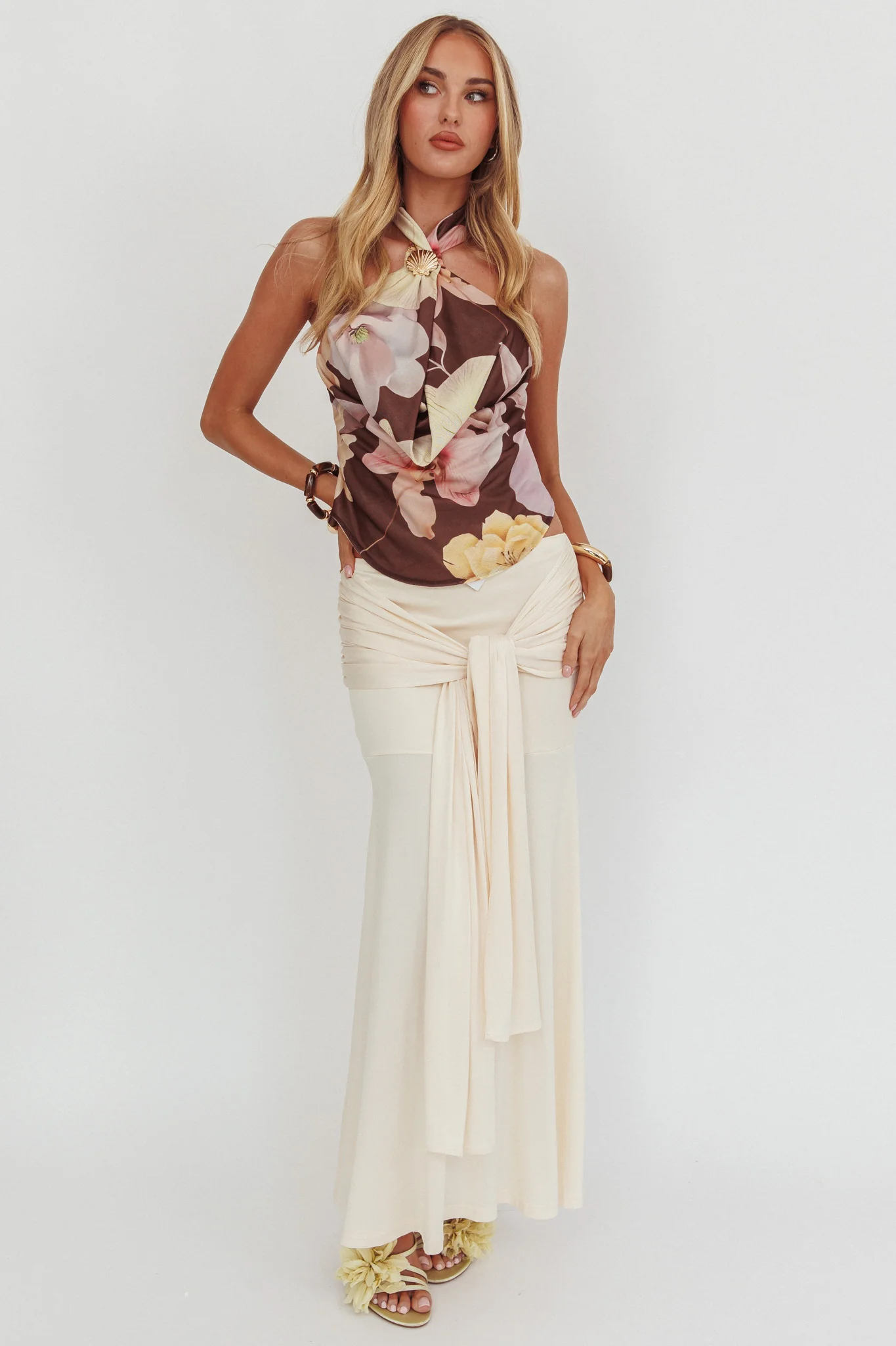 Wisteria Cowl Halterneck Top Floral Brown - Image 5