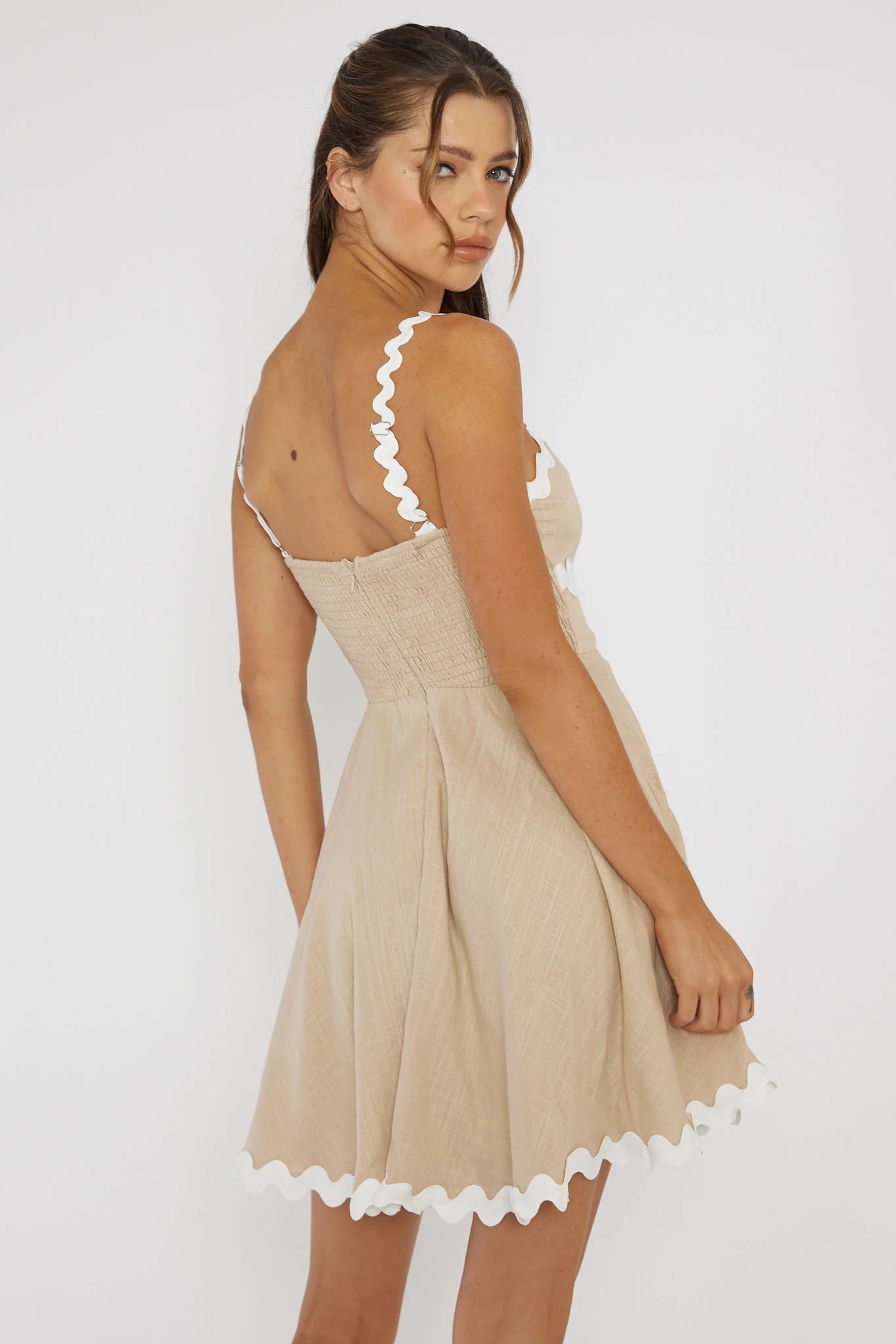 Won Me Over Ric Rac Trim Mini Dress Beige - Image 2