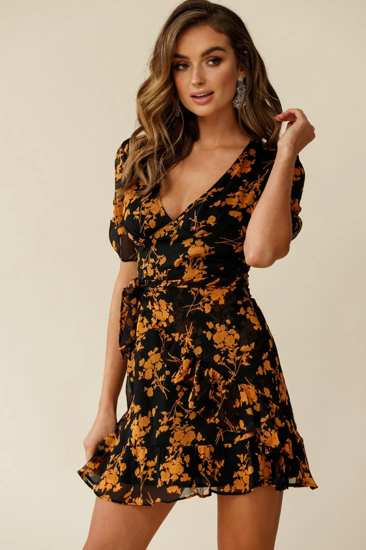Wonderland Wrap Front Tea Dress Floral Print Black/Mustard - Image 3