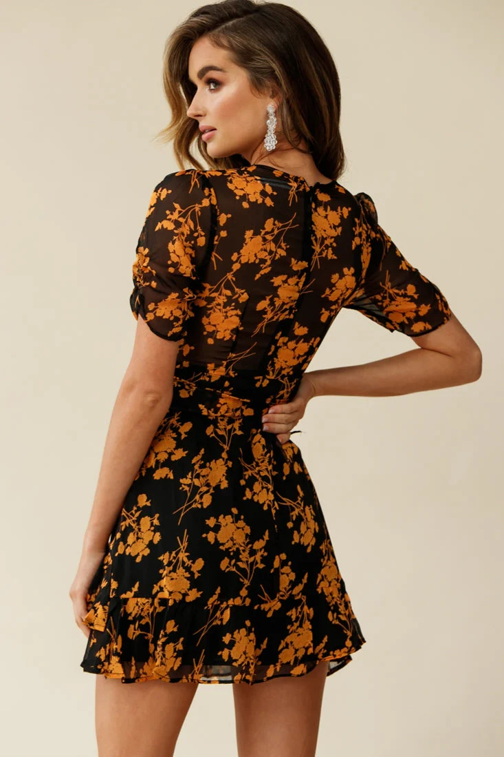 Wonderland Wrap Front Tea Dress Floral Print Black/Mustard - Image 4