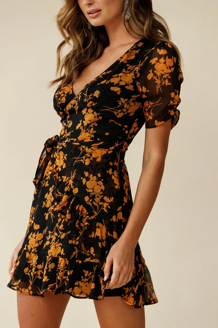 Wonderland Wrap Front Tea Dress Floral Print Black/Mustard - Image 5