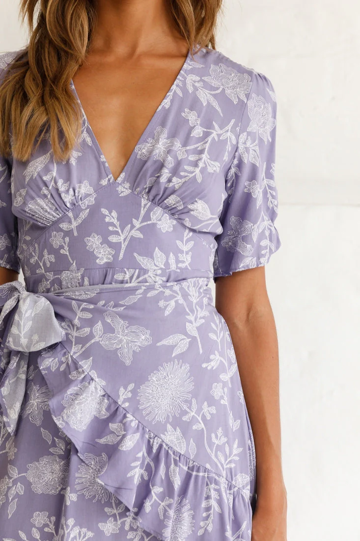 Wonderland Wrap Front Tea Dress Floral Print Lavender - Image 3