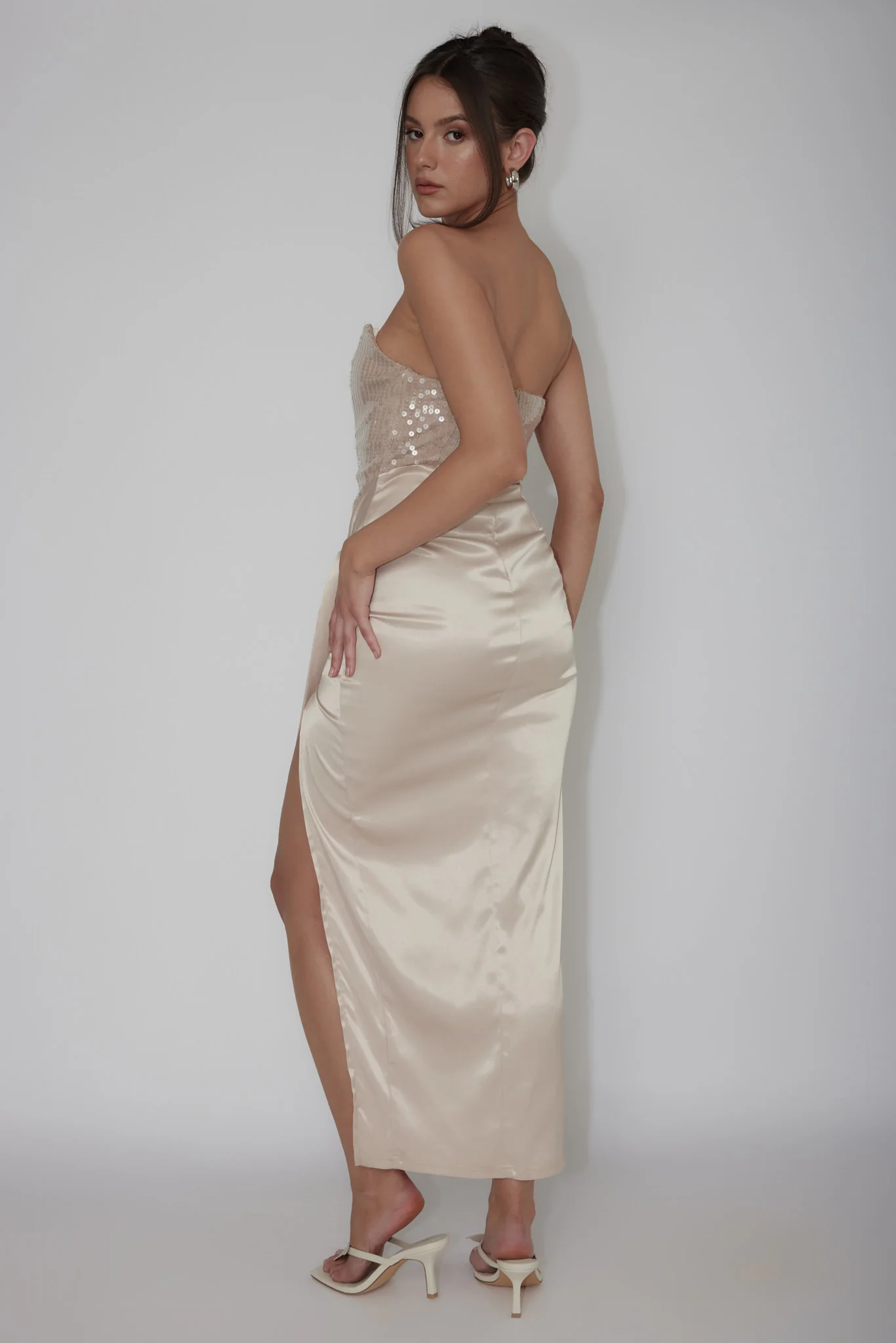 Yadira Sequin Bodice Satin Midi Dress Nude - Image 3