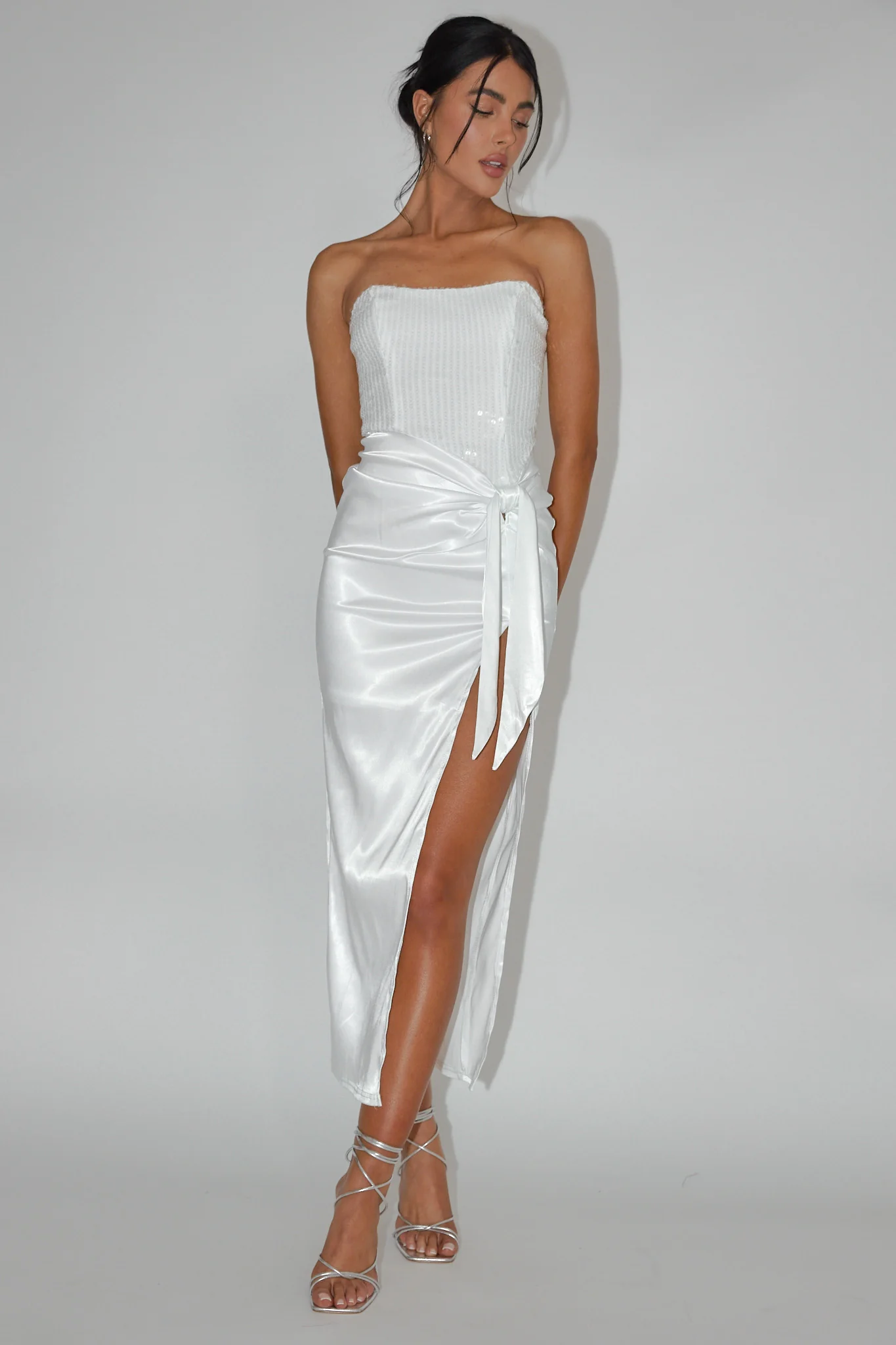 Yadira Sequin Bodice Satin Midi Dress White - Image 3