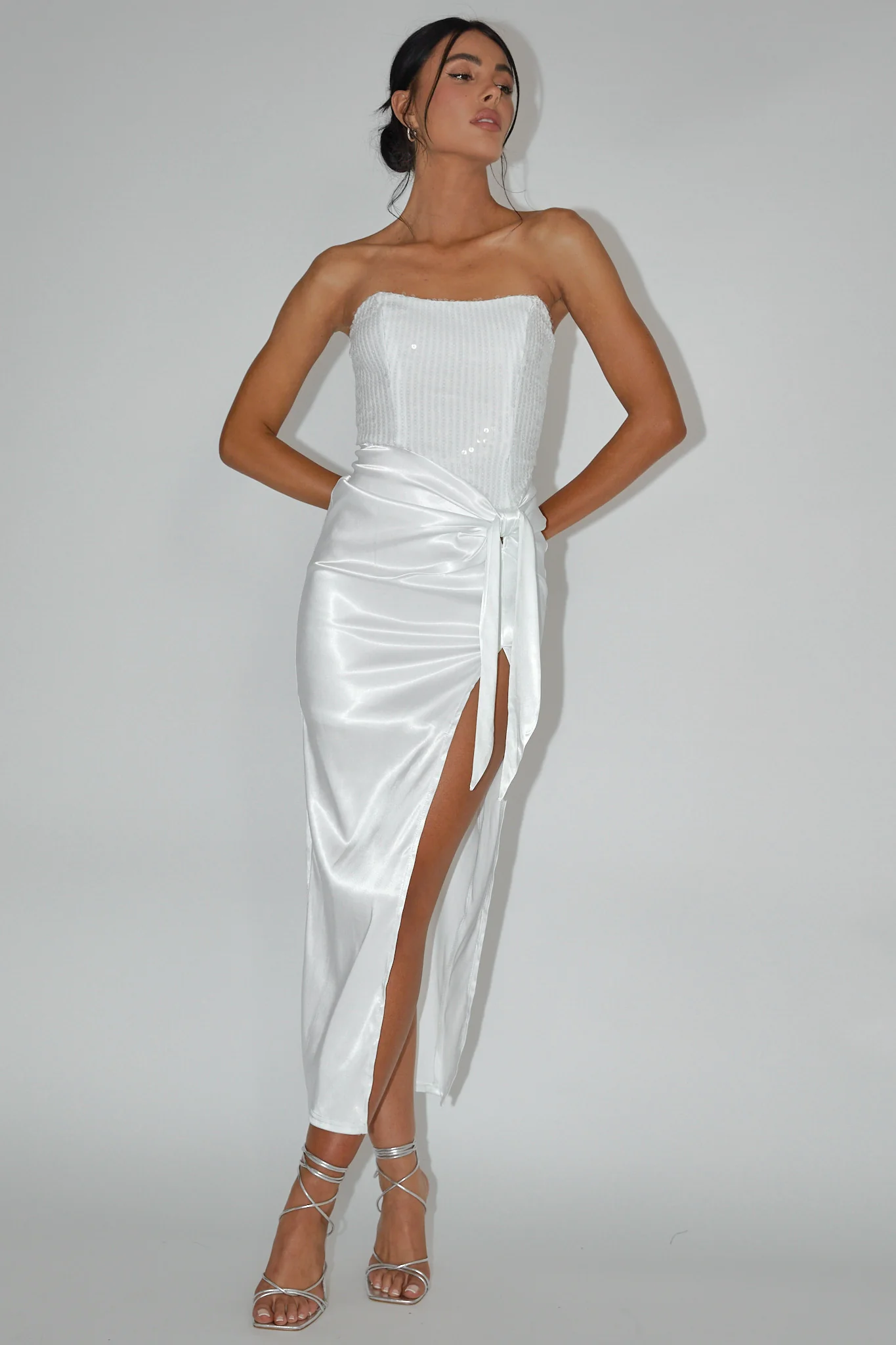 Yadira Sequin Bodice Satin Midi Dress White - Image 5