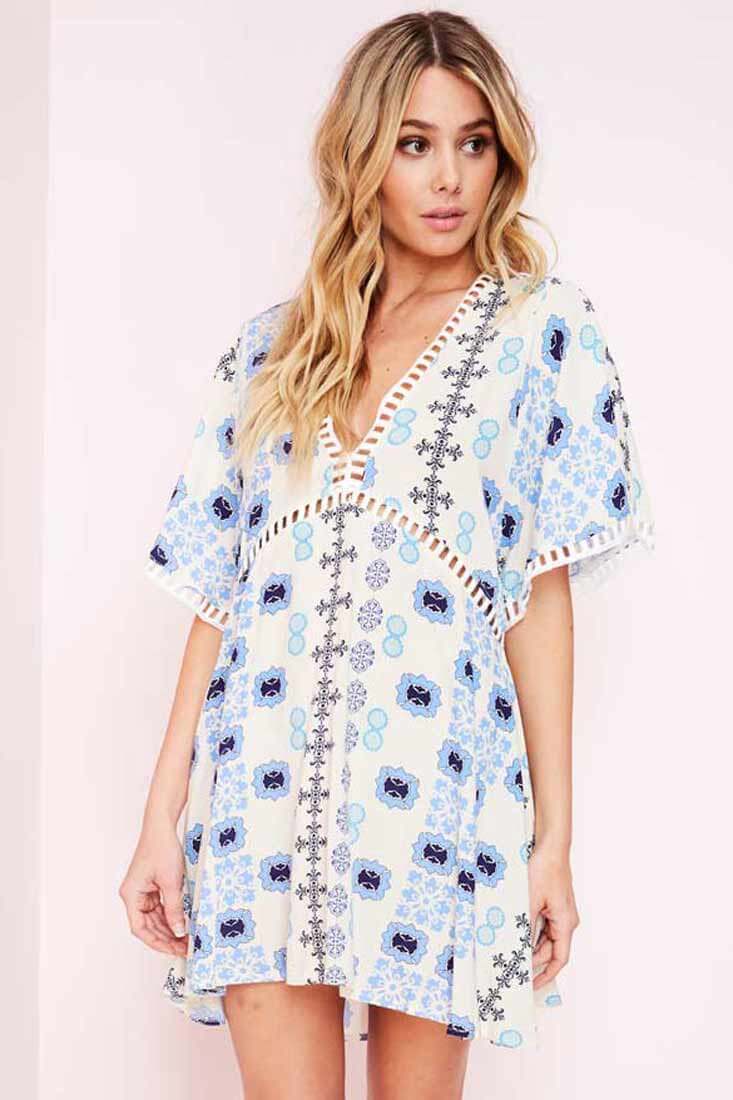 Yaritza Eyelit Mixed Print Dress Blue - Image 3
