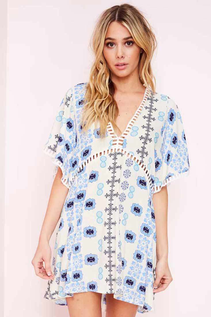 Yaritza Eyelit Mixed Print Dress Blue - Image 7