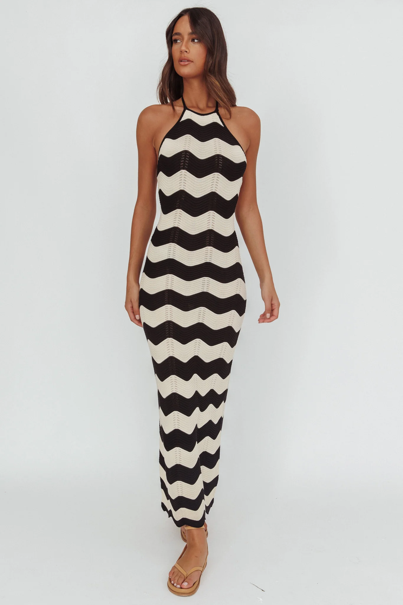 Yelena Halter Neck Knit Maxi Dress Zig-Zag Cream - Image 4
