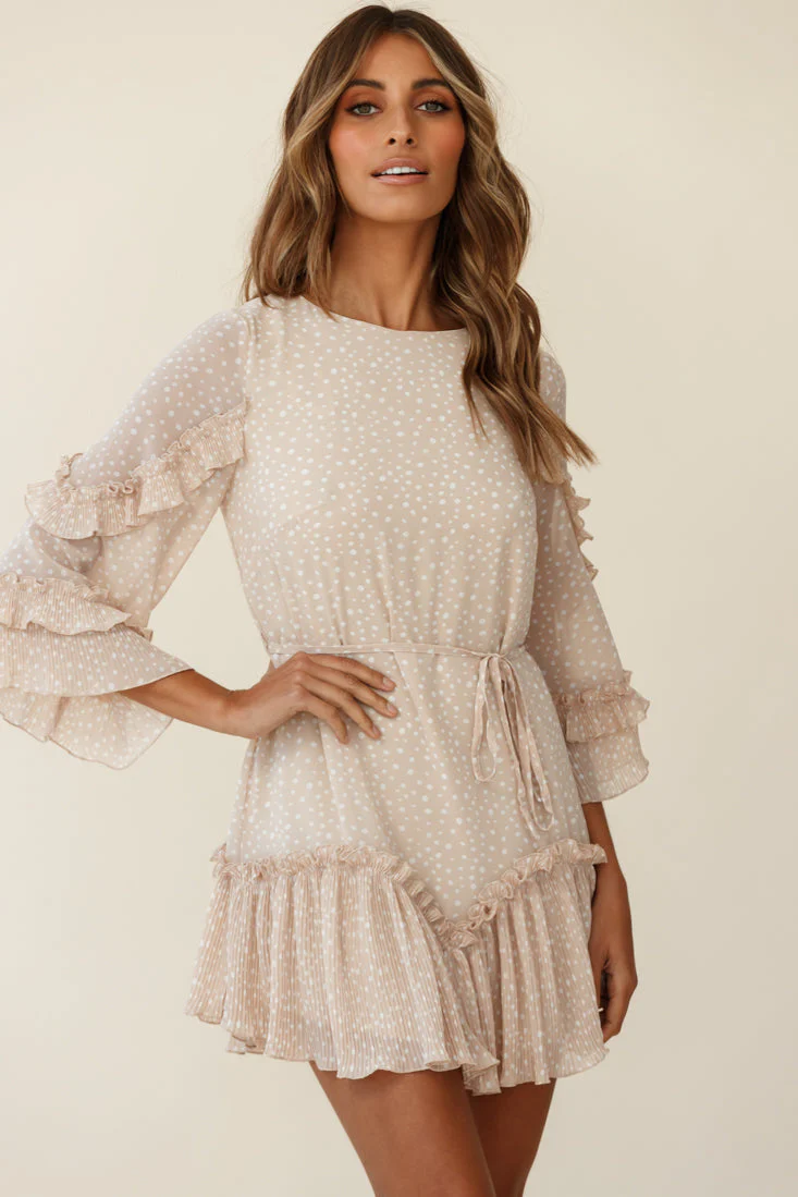 Yours Sincerely Three-Quarter Sleeve Accordion Pleat Dress Spot Print Nude