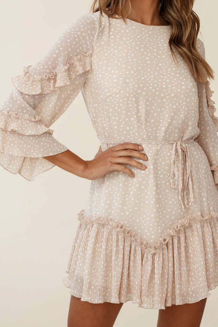 Yours Sincerely Three-Quarter Sleeve Accordion Pleat Dress Spot Print Nude - Image 4