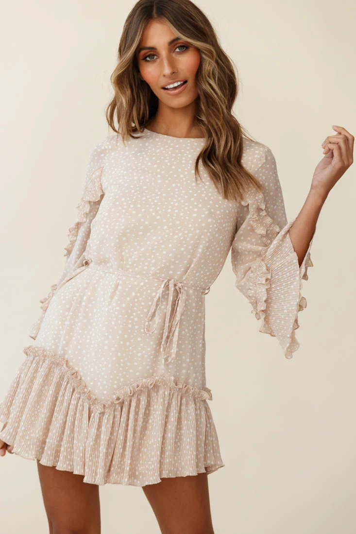 Yours Sincerely Three-Quarter Sleeve Accordion Pleat Dress Spot Print Nude - Image 5