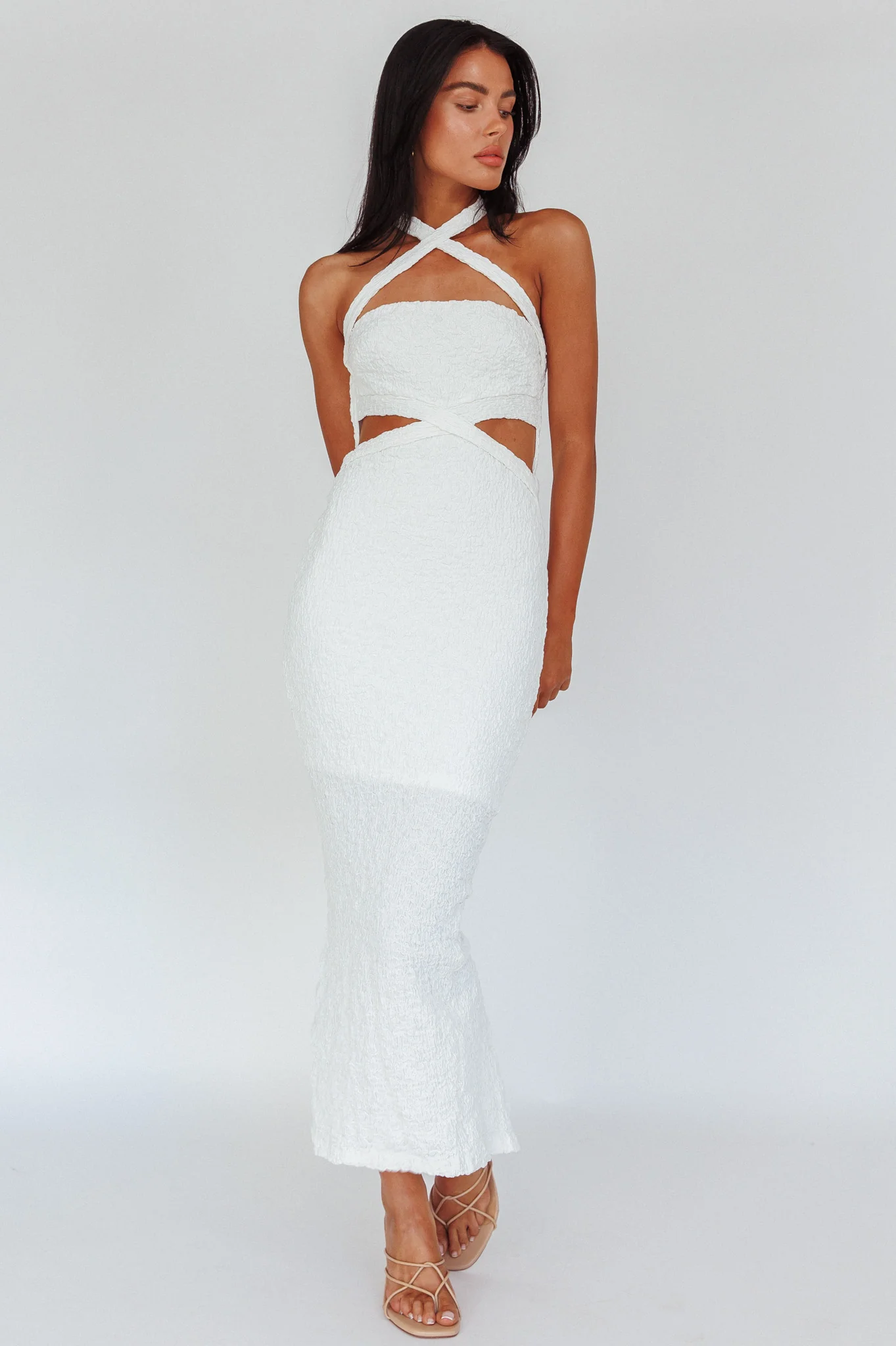 Zadriana Halterneck Textured Midi Dress White - Image 3